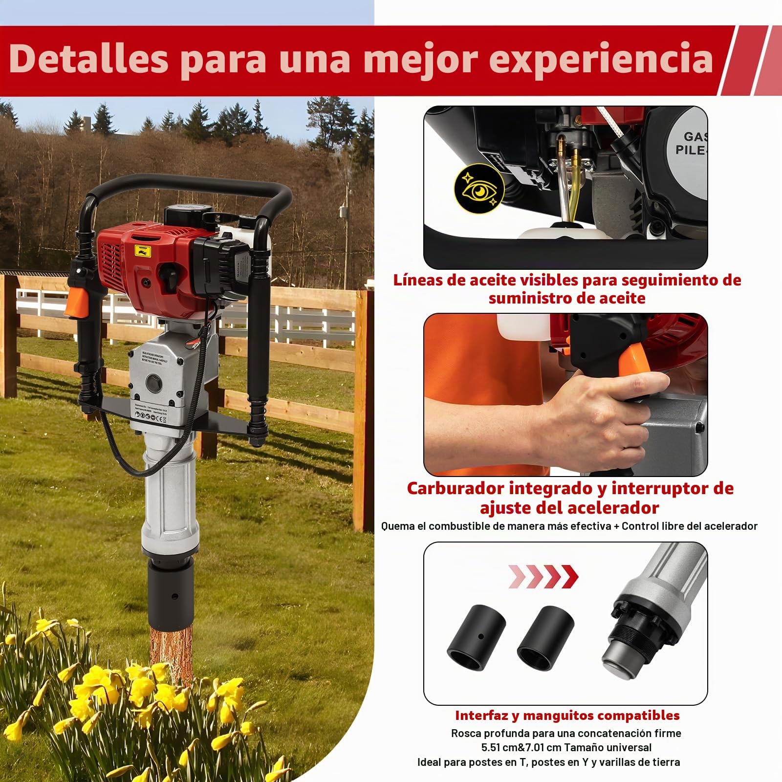 Clavador de Postes 2 tiempos T Post Controlador de Postes de Gas Martillo de postes con 2 Cabezales de Conducción 55/70mm para Cercas Agrícolas, Ranchos, Mejoras de Carreteras