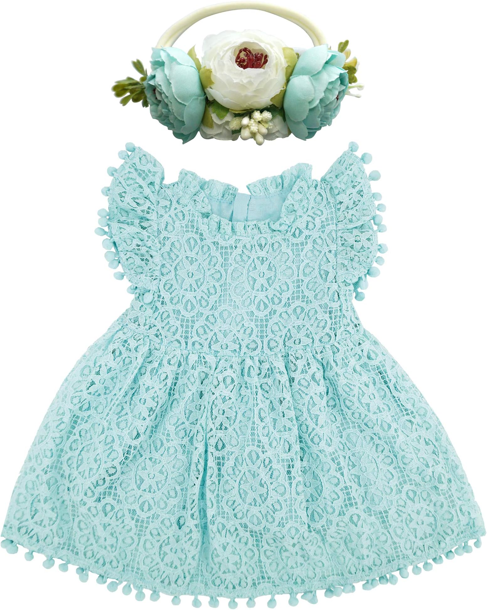 BGFKS Baby Girl Tutu Dress Elegant Lace Pom Pom Flutter Sleeve with Flower Headband Set