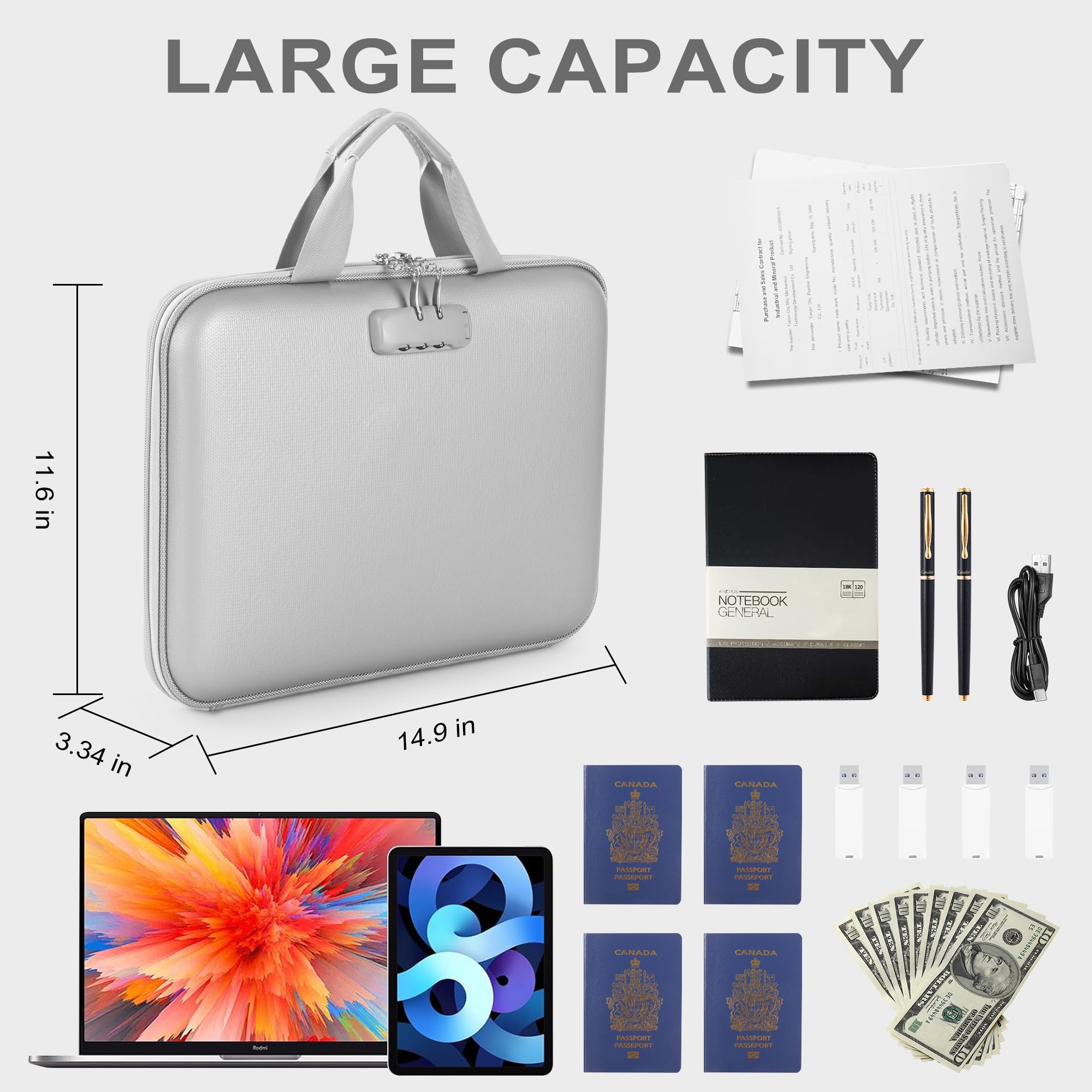 Organiseur de documents ignifuge avec serrure, dossier accordéon à 13 poches, porte-documents portable pour bureau, maison, voyage, porte-documents pour lettres A4 et plus avec poignée