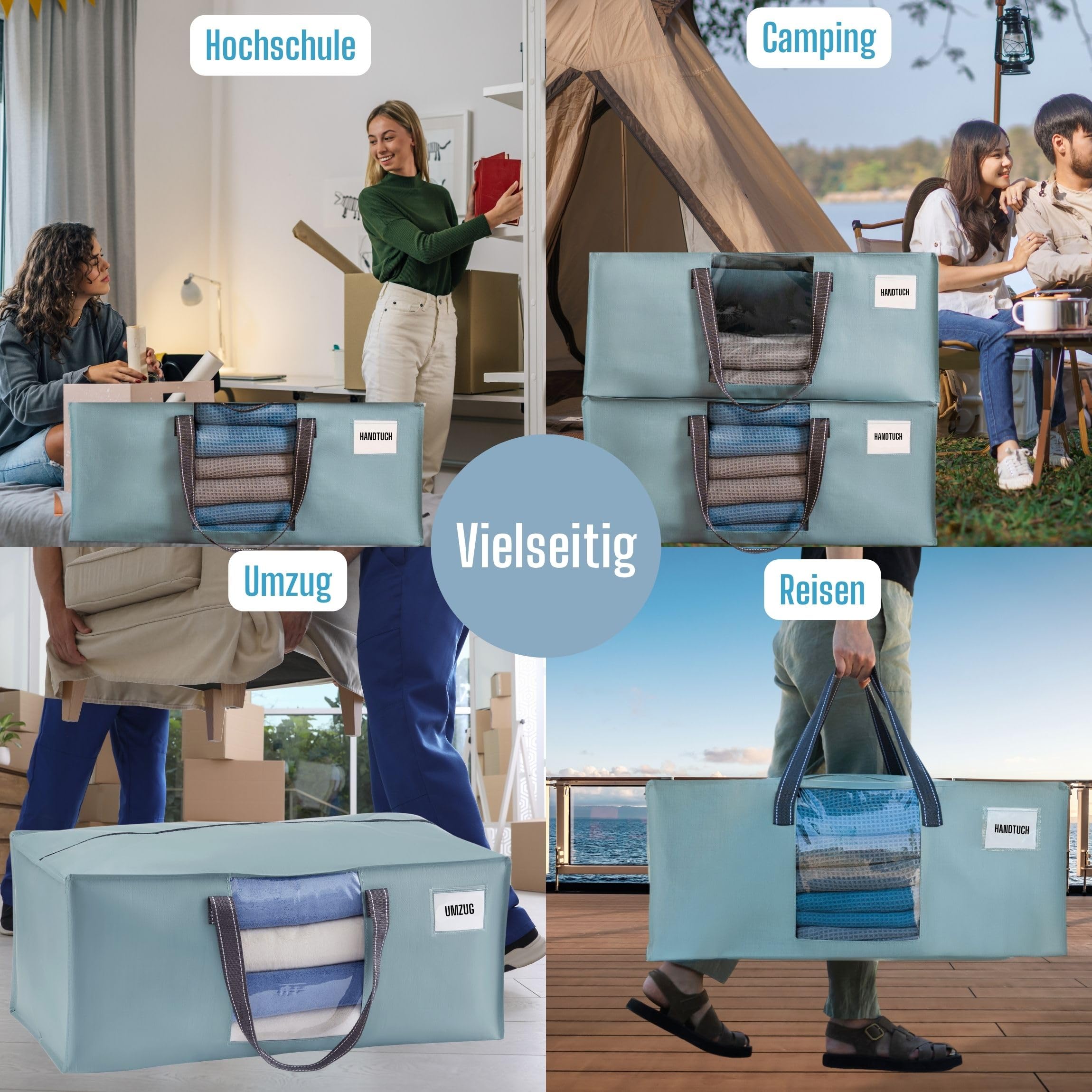 VENO 10er-Pack Umzugstaschen XXL (87 Liter) mit Sichtfenster,Aufbewahrungstasche mit Starken Griffen & Reißverschluss, Faltbare Alternative zu Umzugskartons für Kleidung & Bettwäsche (Hellblau)