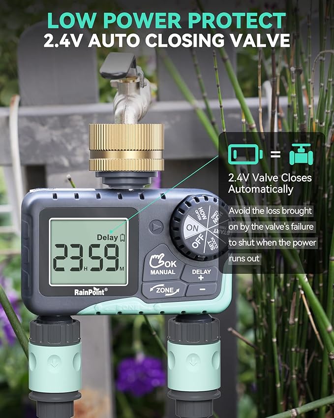 Overall, the RAINPOINT Water Timer is a practical and efficient tool for maintaining a healthy garden or lawn. With its programmable functionality, durable construction, and convenient features like manual watering and rain delay, this timer provides a hassle-free way to keep your plants well-hydrated and thriving. Description by ChatGPT.