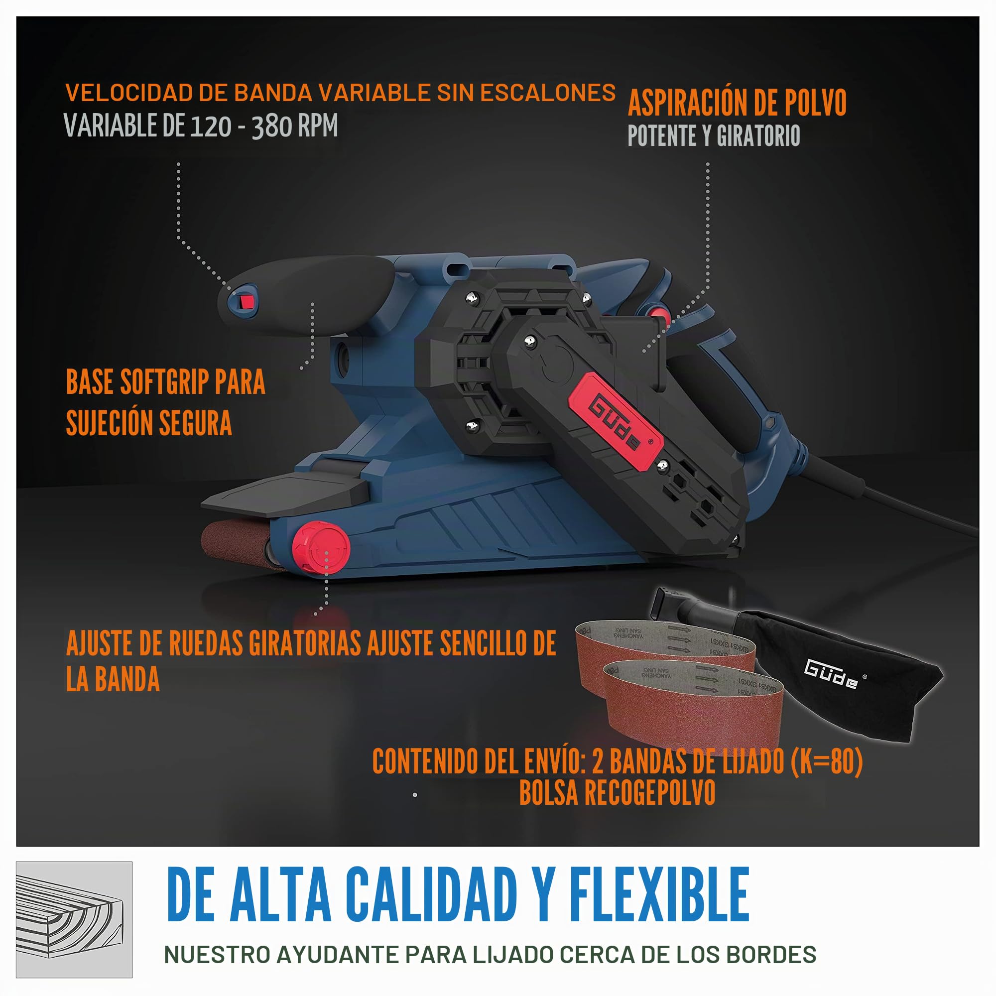 Güde 58146 BS 76 – 900 S – Lijadora de banda (230 V, 76 x 160 mm de lijado, sistema de cambio rápido de cinta, ajustable lenkrollen, 2 x Banco de lijado K80)