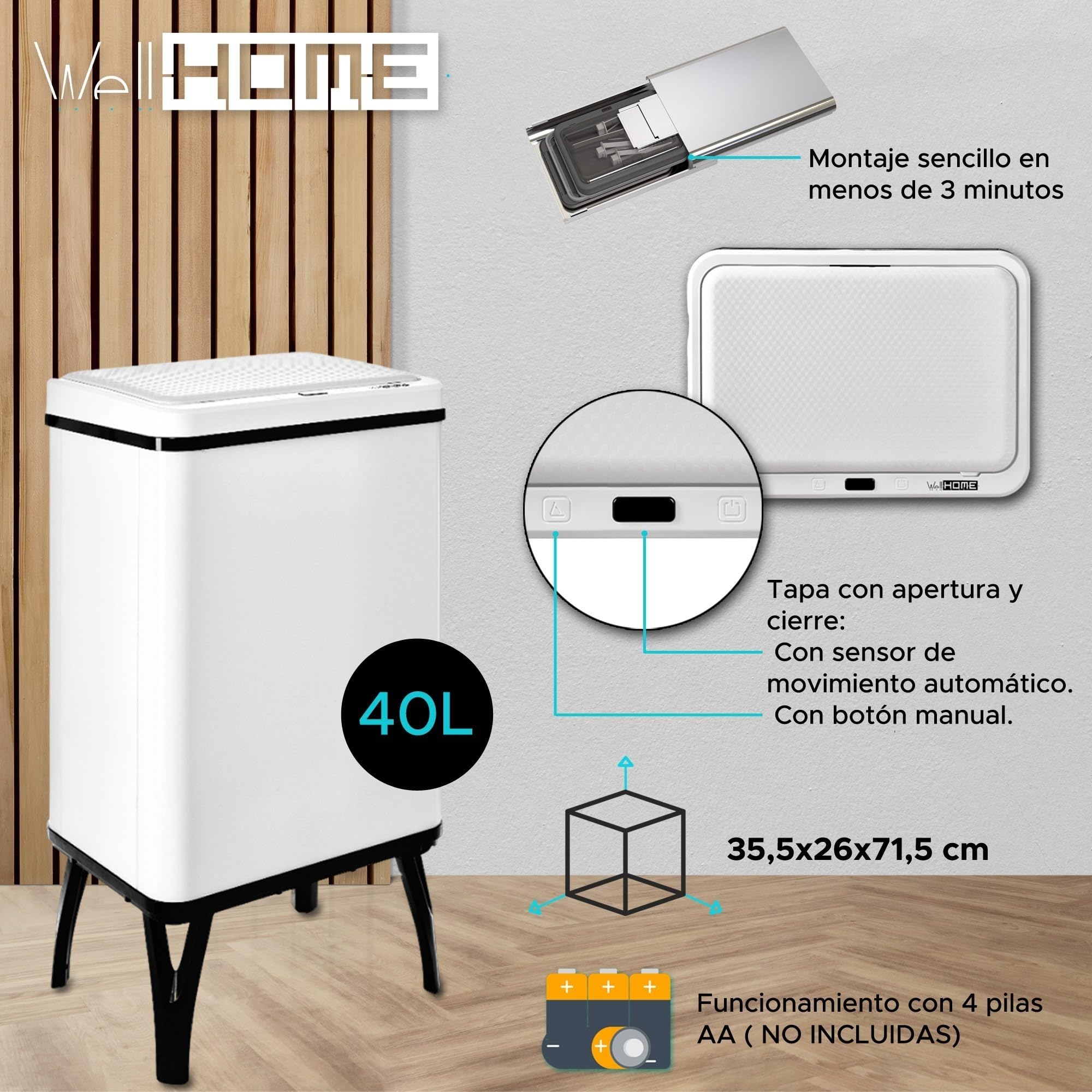 Well Home MOBILIARIO & DECORACIÓN Cubo de Basura Inteligente de 40L, Alto: 71,5 (x35,5x26), Blanco con Rollo de 30 Bolsas de Basura adaptadas