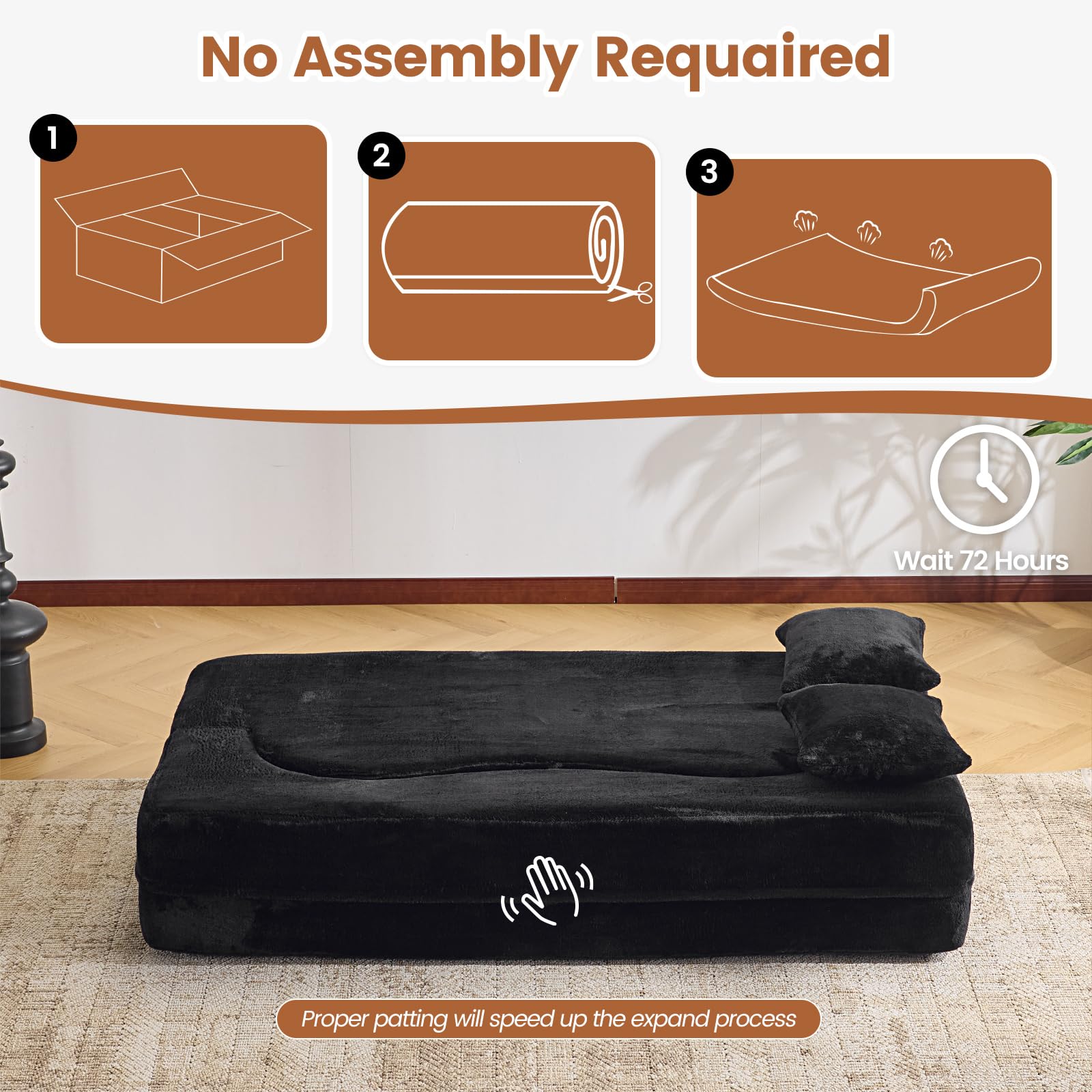 Orynveela Convertible Folding Sofa Bed, 78” Full Size Floor Sleeper Couch, Chenille Full Foam Futon Loveseat for Living Room Bedroom, No Assembly Required (Green): 71" Black