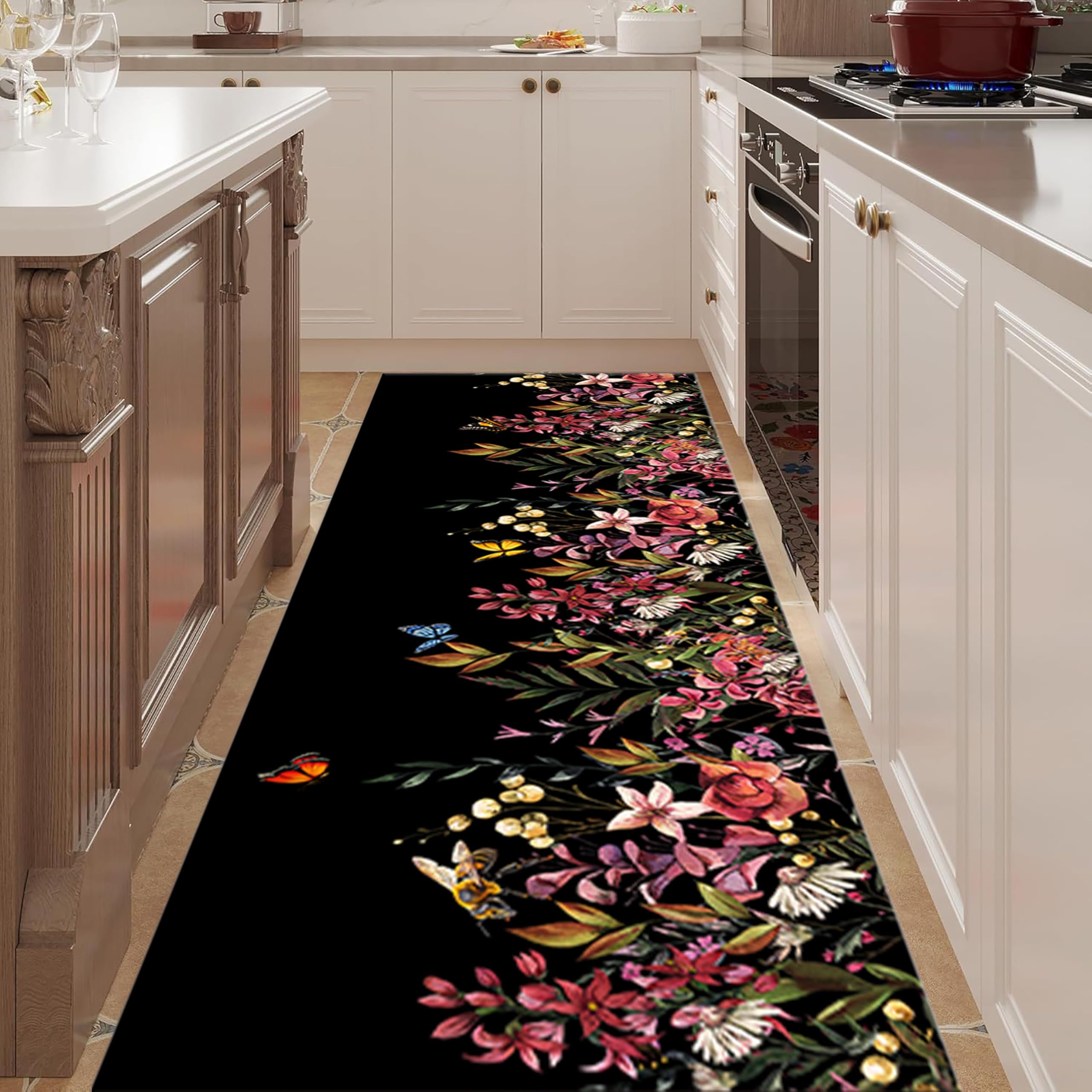 Puyosvr Black Floral Hallway Rug, 2x8ft, Red Flowers Butterfly Dandelion Watercolor Botanical Print Runner Rug, Low-Profile Easy to Clean Black Runner