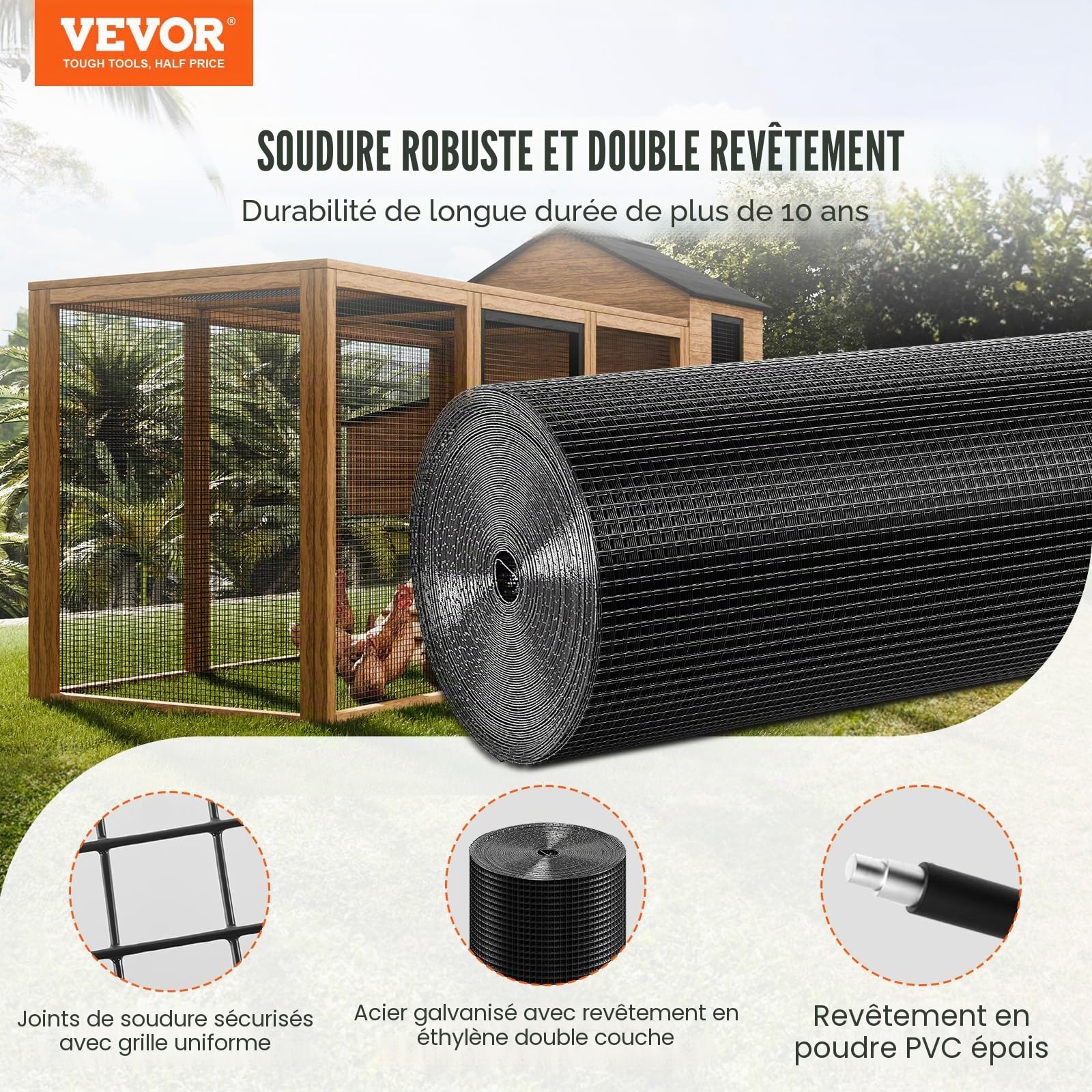 VEVOR Rouleau de grillage galvanisé 0,9x15 m grillage à poules 12,7x12,7mm Carré Galvanisé maille métallique à revêtement 1,06mm vinyle pour barrières de poulaillers enclos de volailles