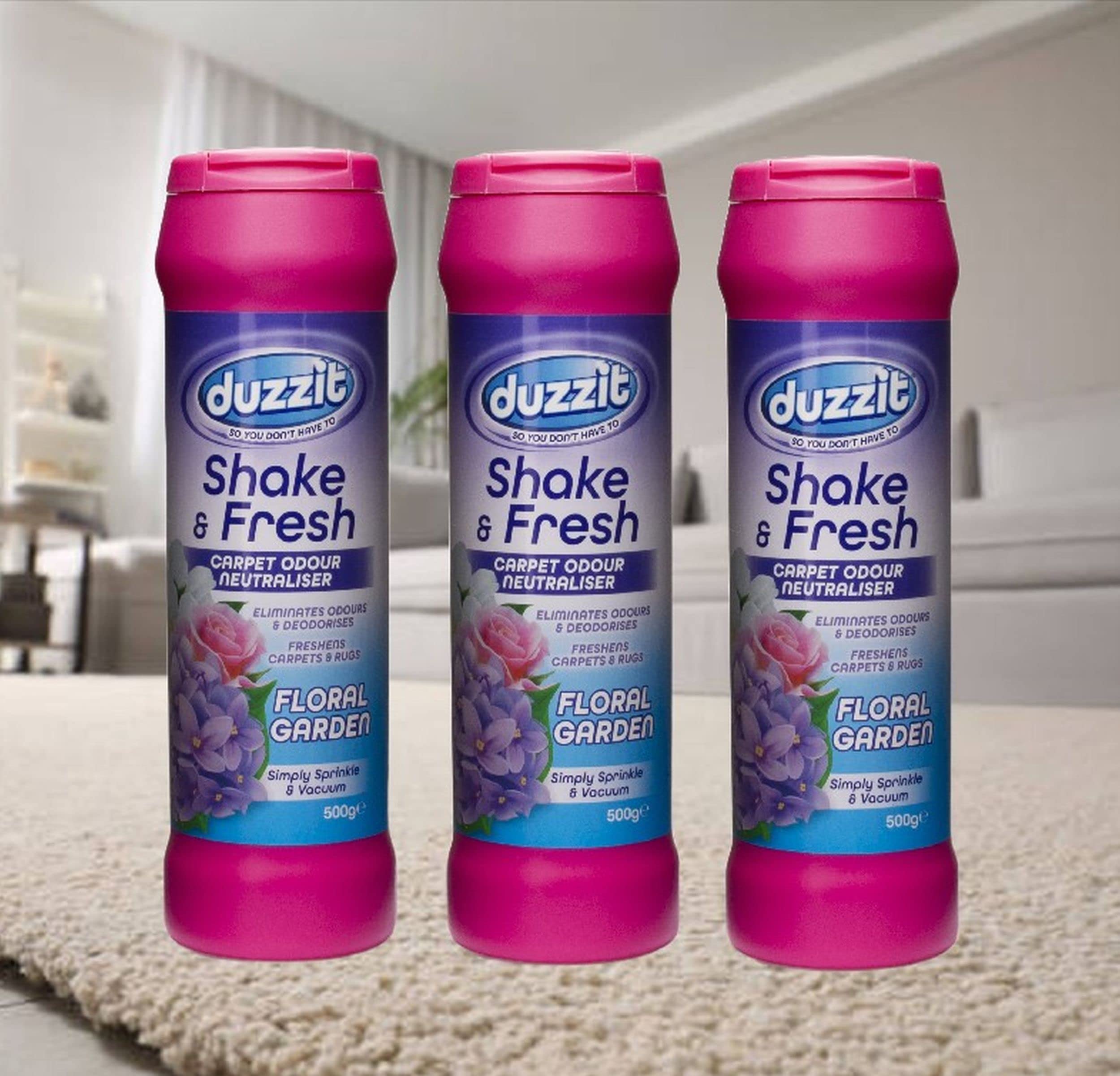 3 x Shake & Fresh Carpet Freshener Powder Floral Garden Scented Rug Mat Odour Neutraliser 500g