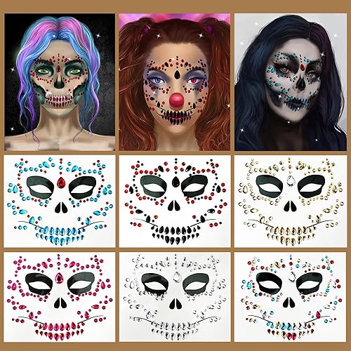 Face Jewels - Tatuajes faciales temporales, paquete de 6 gemas faciales para el Día del Calavera Died, calcomanías faciales con purpurina de cristal