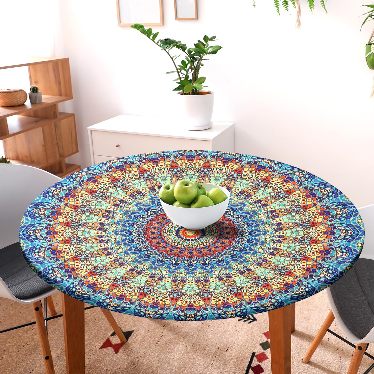 Round Fitted Tablecloth with Elastic Round Outdoor Tablecloths Round Elastic Tablecloth for Tables Waterproof Wipeable Table Cover for Picnic,Camping,Dinner (56''-60'')