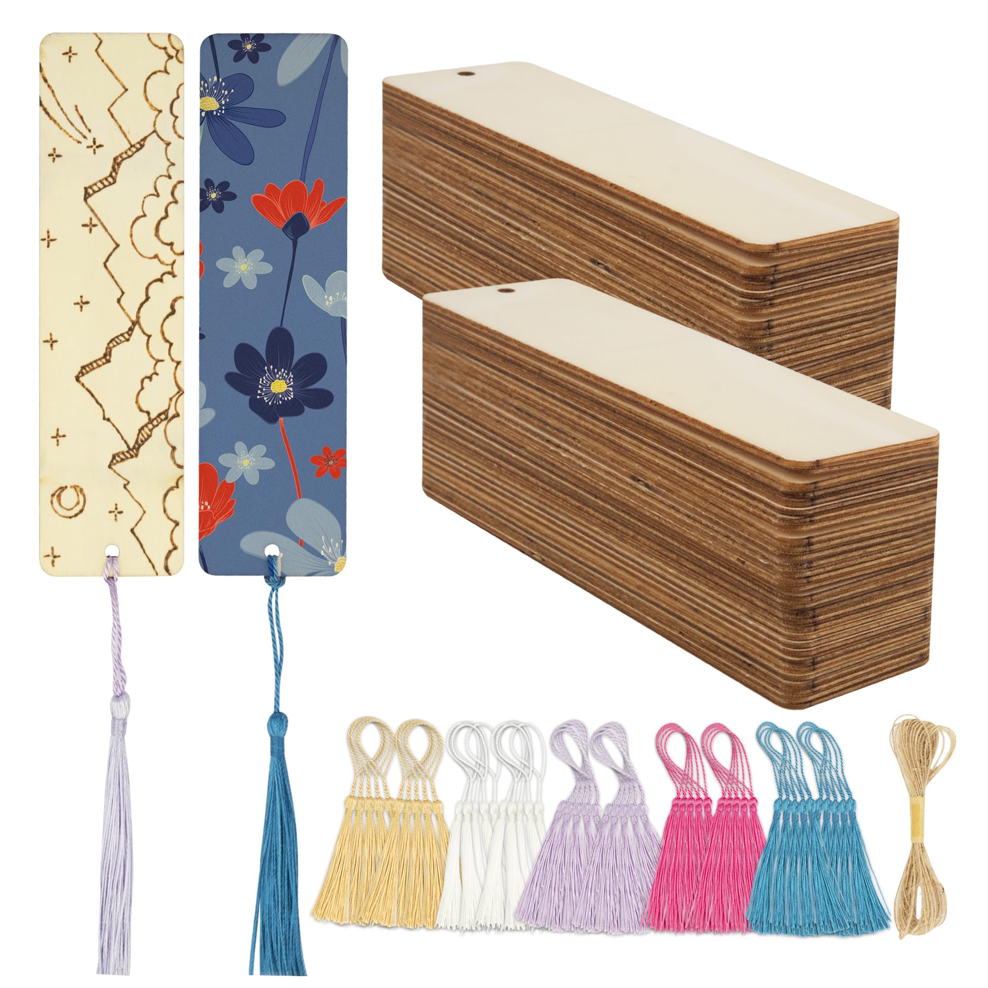 SWATOM Wood Bookmarks Blank DIY Wooden Bookmark Craft Bulk 50 PCS Unfinished Wood Tags Rectangle Shape Ornaments with Holes and Tassels for Wedding Party Birthday Decoration