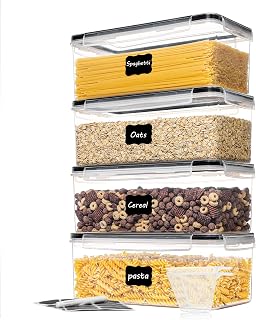 Vtopmart Airtight Pasta Storage Containers 4 Pack 3.2L Spaghetti Canisters BPA Free Pantry Organizers with Lids Labels Cups
