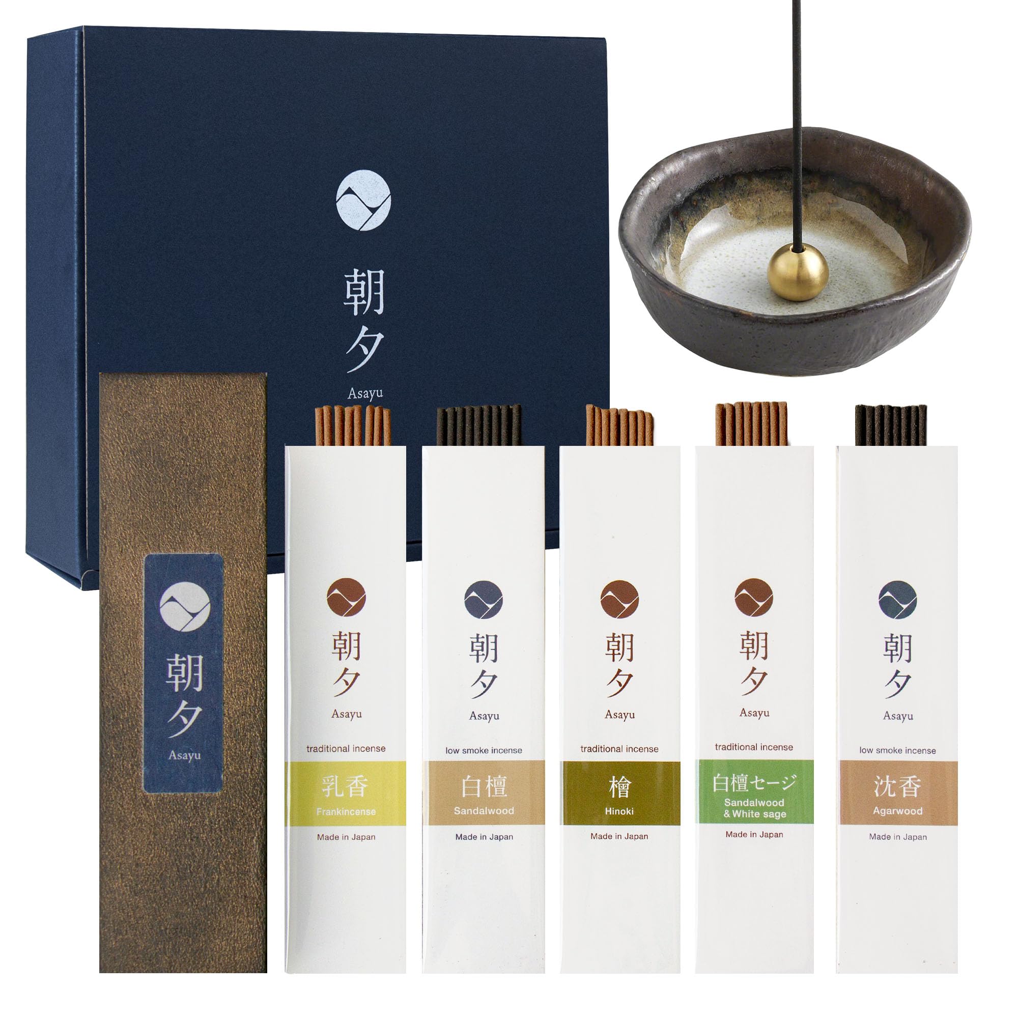 Asayu Japan Natural Fragrances Natural Japanese Incense Sticks Assortment And Zen Incense Holder Gift Set, Made In Japan 5 Scents Sampler Variety Pack With Ceramic Bowl - Natural Scent