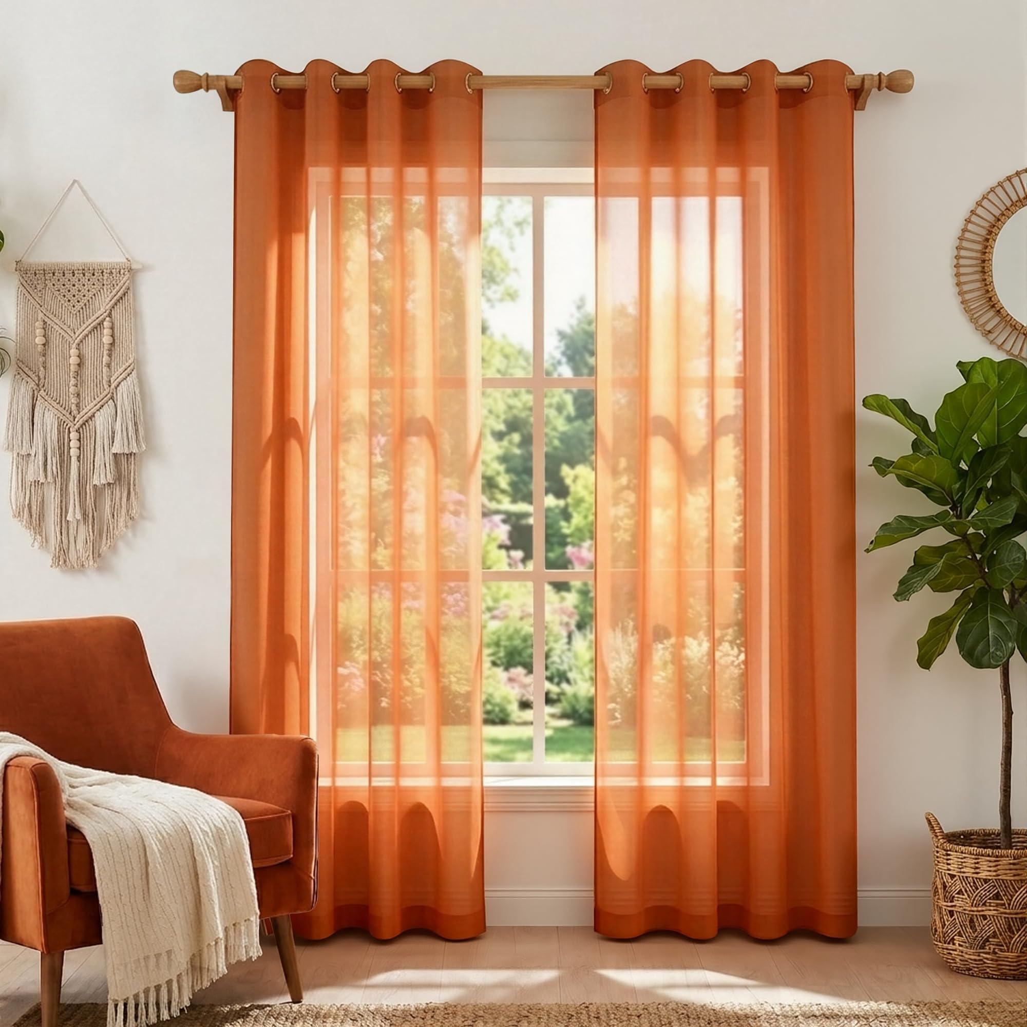 Burnt Orange Curtains 96 Inches Long for Living Room Bohemian Autumn Boho Fall Decor Set of 2 Panels Grommet Faux Linen Semi Sheer Thanksgiving Curtains for Dining Room Bedroom 52x96 Inch Length โ image 1