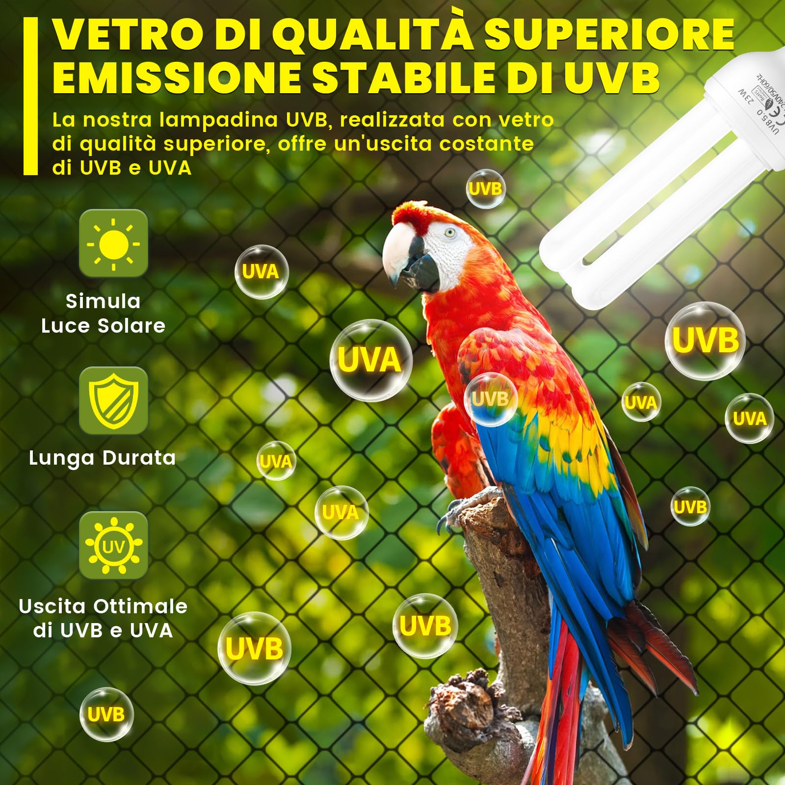 UVB 5.0 E27 23W Lampada Fluorescente Compatta per Uccelli, Pappagalli, Rettili