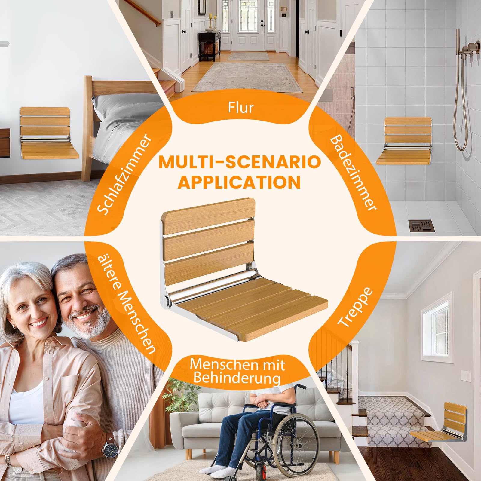 Asiento Ducha Plegable Madera Pared Montada, Silla Abatible Ducha Montado en la Pared ，Taburete Baño Banqueta Ducha para Personas Mayores Minusvalidos Adultos