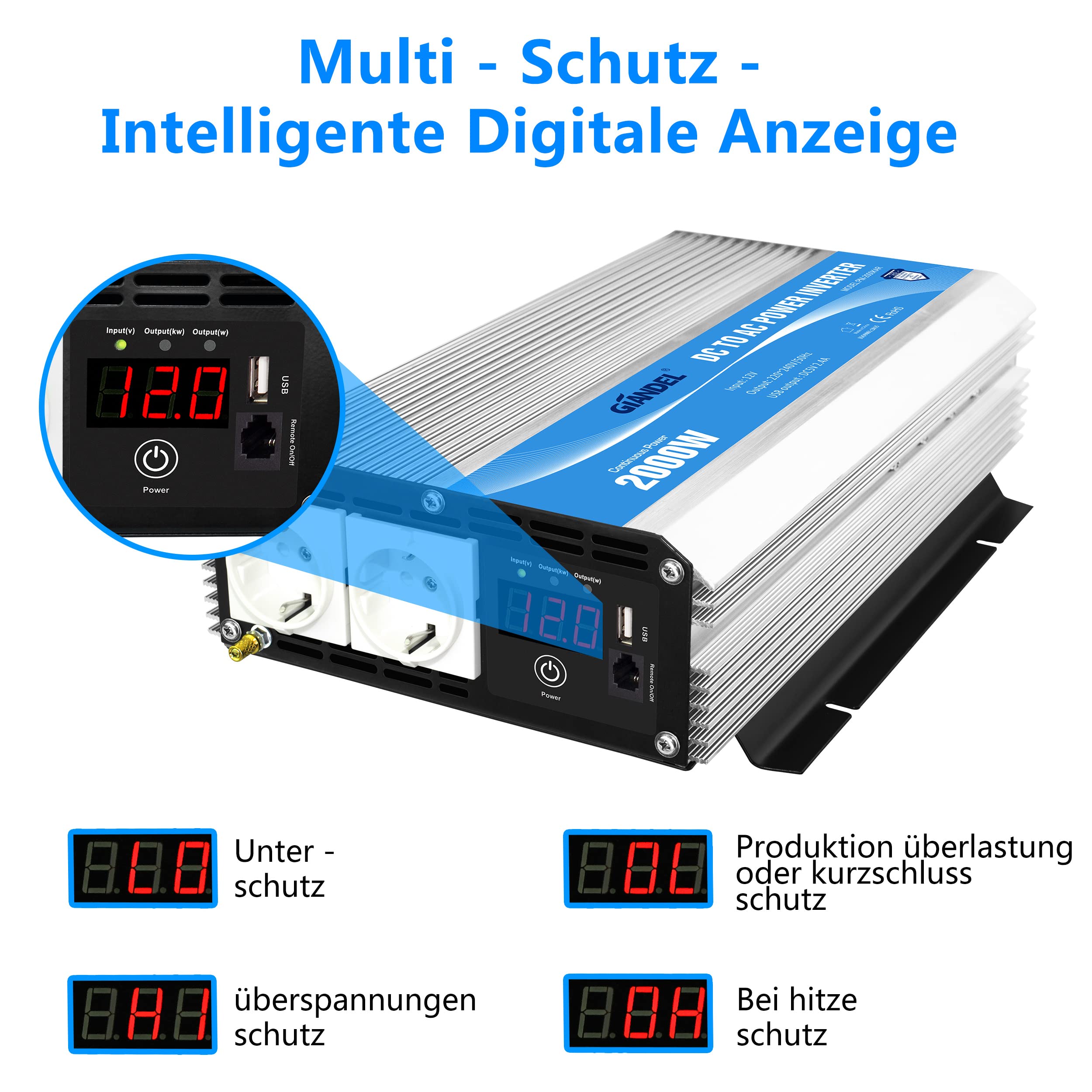 GIANDEL 2000W Modifizierter Welle Wechselrichter 12V auf 230V Spannungswandler Kompatibel Lithium-Batterie, mit Fernbedienung LED-Anzeige USB für Wohnmobil Umwandler-Inverter Konverter