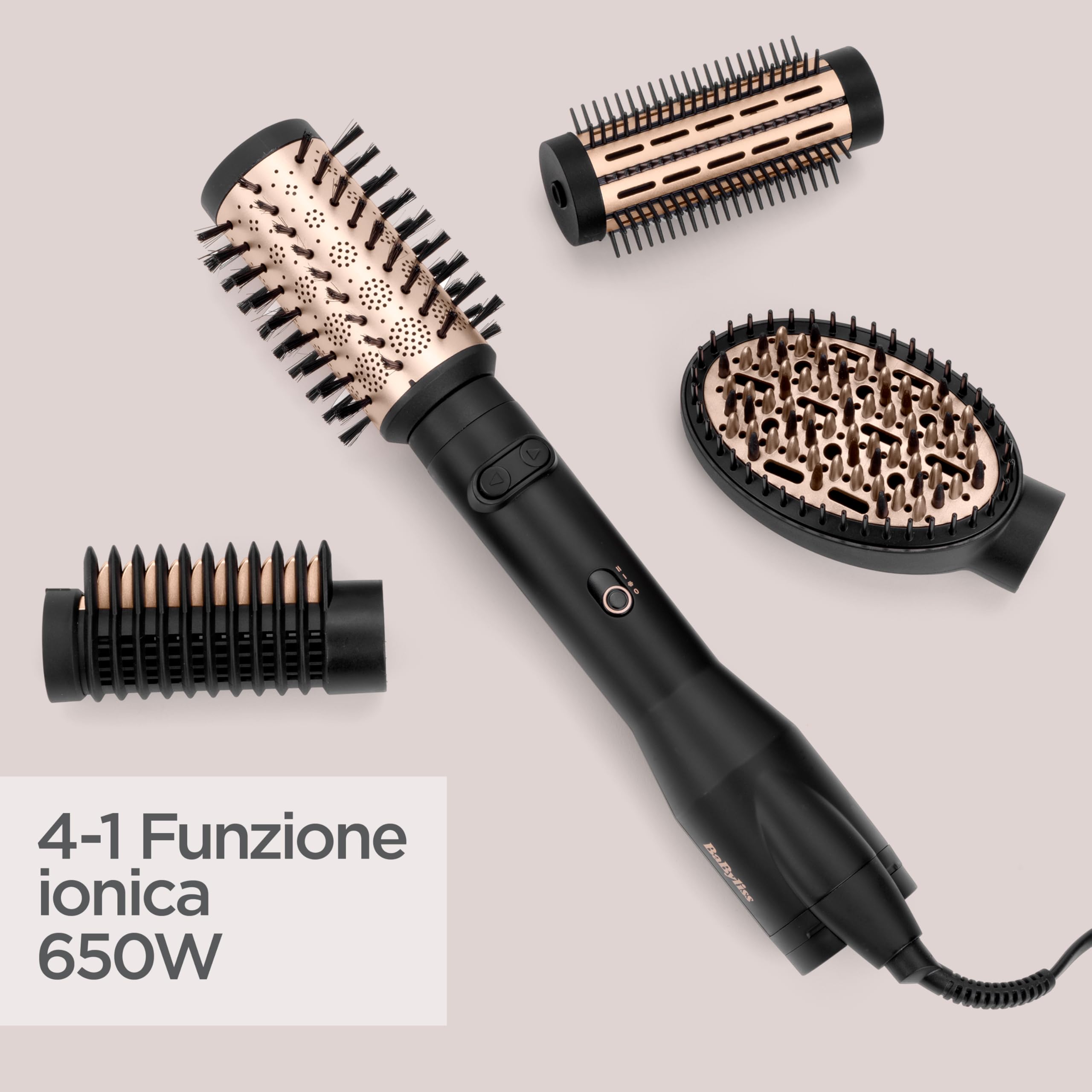 BaByliss AS970E Spazzola Rotante Da 650W, Funzione Ionica Anti-Crespo, 4 Accesori per Asciugare e Modellare, 2 Temperature + Tasto Aria Fredda, Nero e Oro