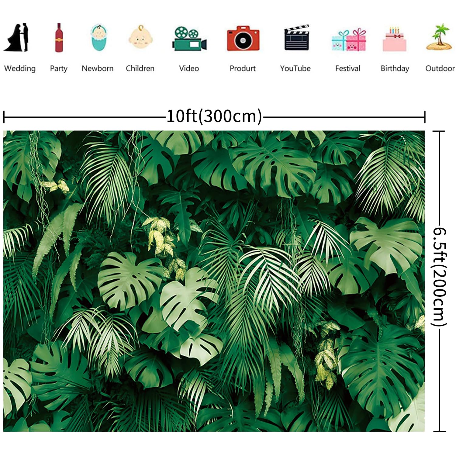 3x2m Fotohintergrund Dschungel Grün Tropischer Regenwald Palmenblätter Pflanze Fotografie Hintergrund im Freien Kinder Erwachsene Familie Party Dekorationen Banner Fotostudio Requisiten