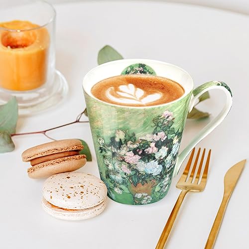 Miniatura 7 de Juego de 4 tazas de café, tazas de porcelana de porcelana de hueso de 12 onzas con impresión artística, mango grande, apto para lavavajillas,