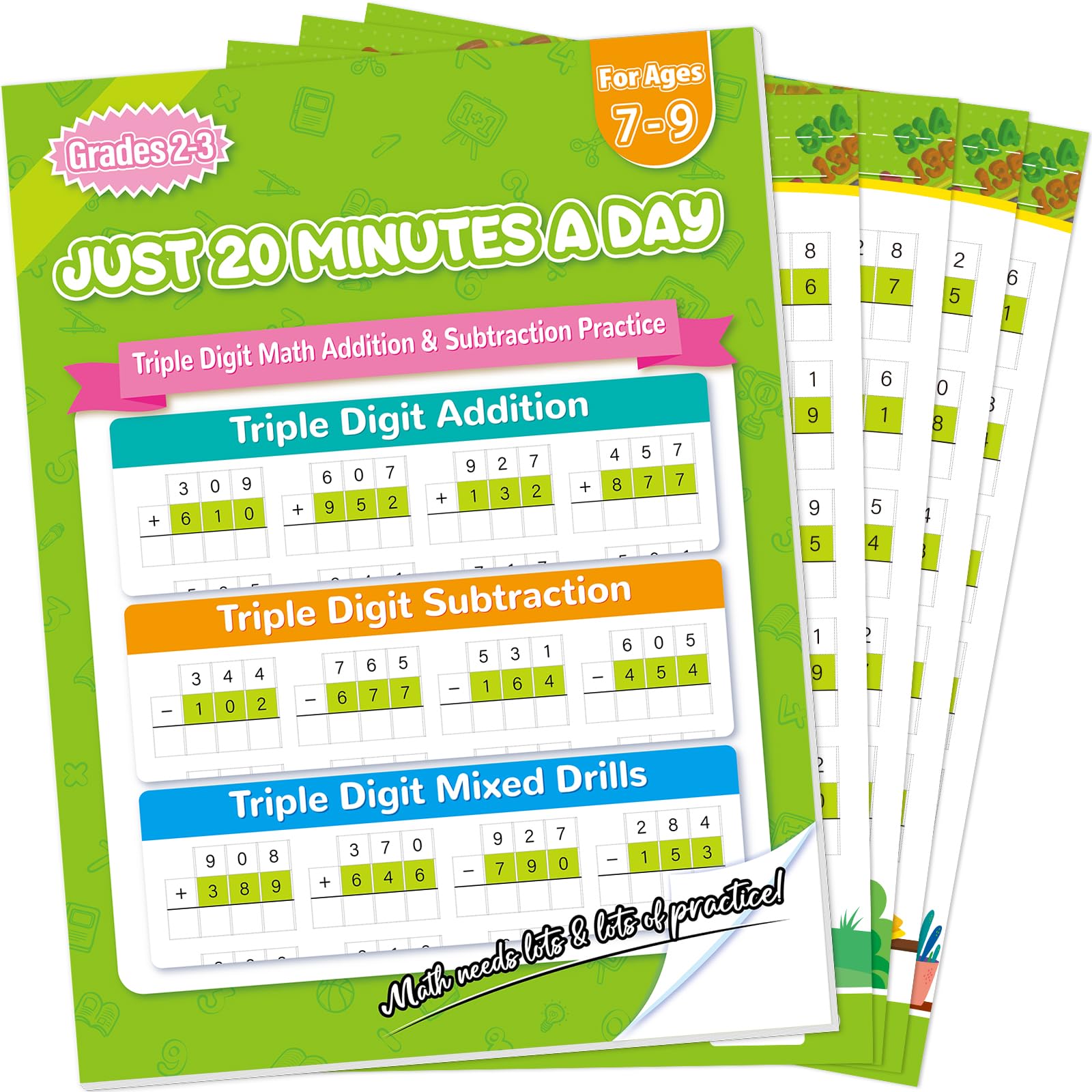 Addition and Subtraction Workbook Triple Digit Math Practice Worksheets for 2nd 3rd Grade, Addition&amp;Subtraction Worksheets One Page A Day Math for Ages 6-9, Math Repetition Exercise Daily, 56 Pages