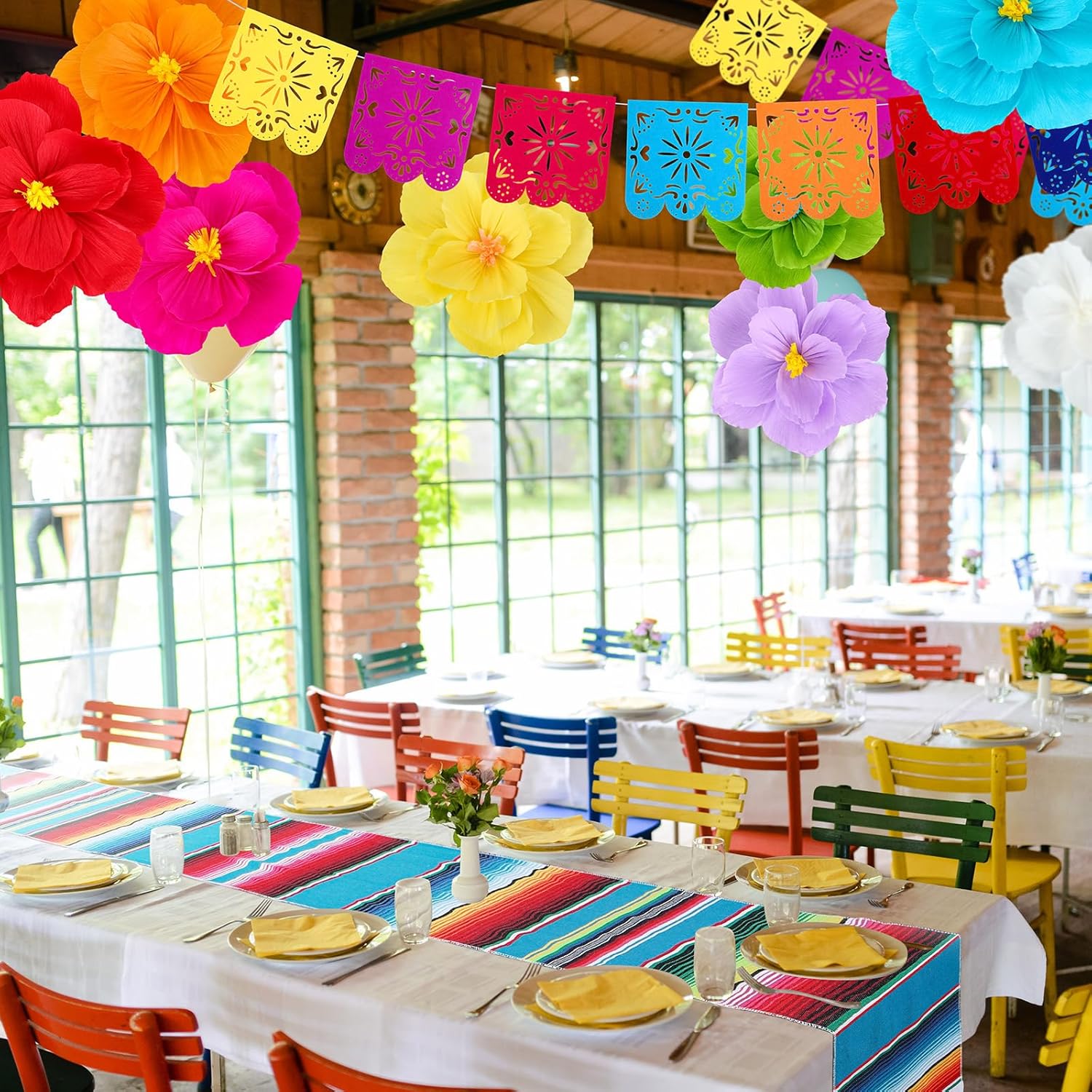 16 Pcs Mexican Party Decoration Fiesta Papel Picado Banner Mexican Table Runner Paper Flowers Cinco De Mayo Decoration Wedding Fiesta Party Decor (Multicolor)