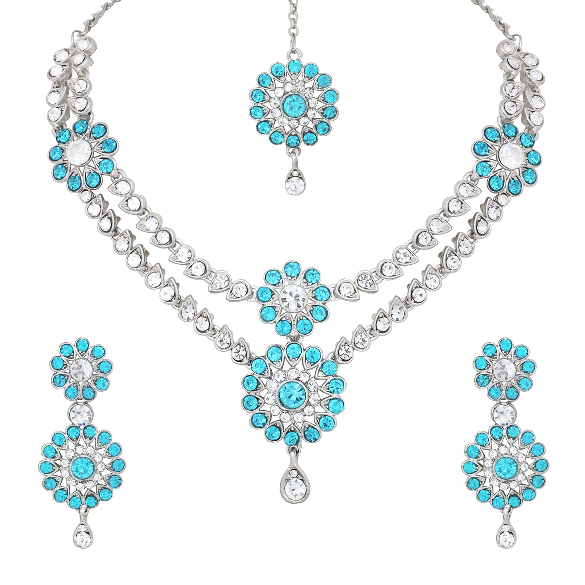 Atasi International Silver Plated 2 String Blue Diamond Jewelry Set with Earrings & Maangtikka - Jewellery Collection for Weddings, Parties, and Festivals (B08HKXDP8R) Amazon Price History, Amazon Price Tracker