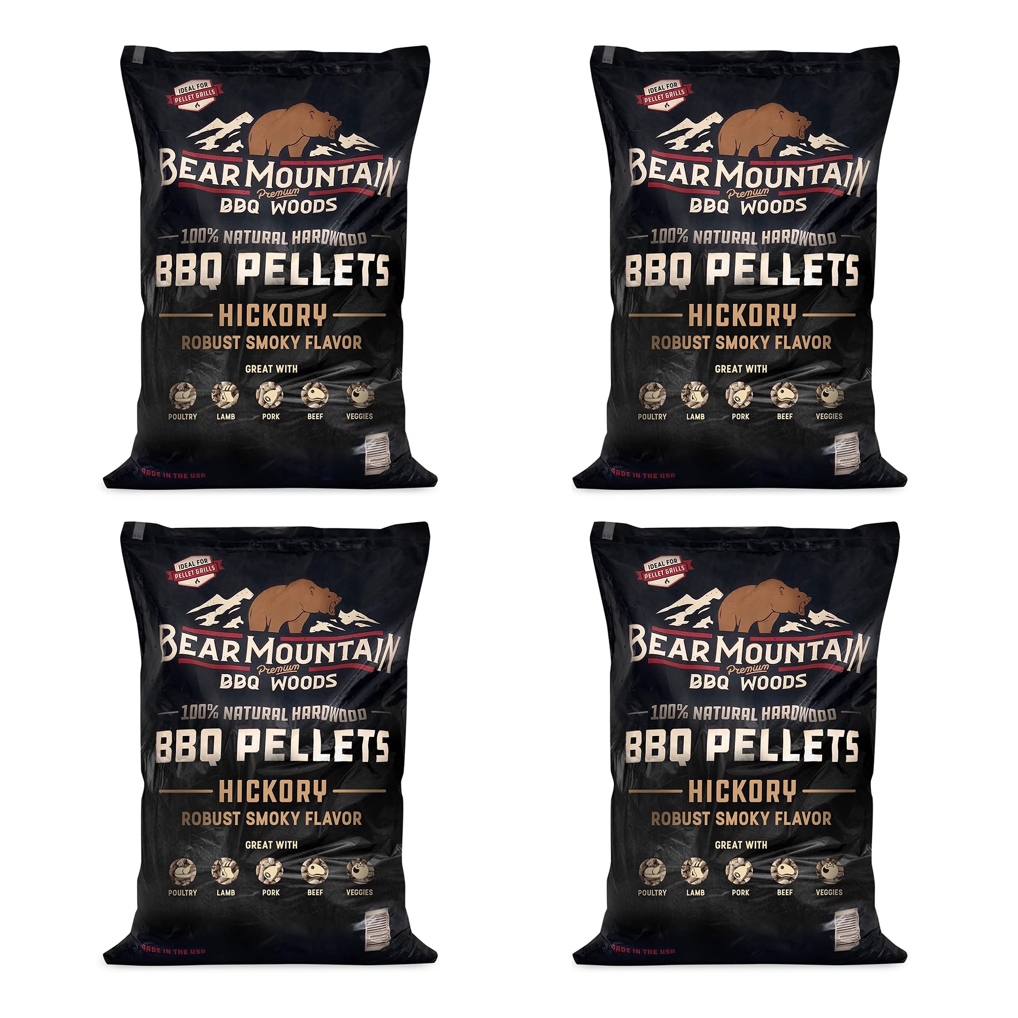 Bear Mountain Premium BBQ Woods FK14 Premium All Natural Low Moisture Hardwood Smoky Hickory BBQ Smoker Pellets for Outdoor Grilling, 20 Pound Bag (Pack of 4)