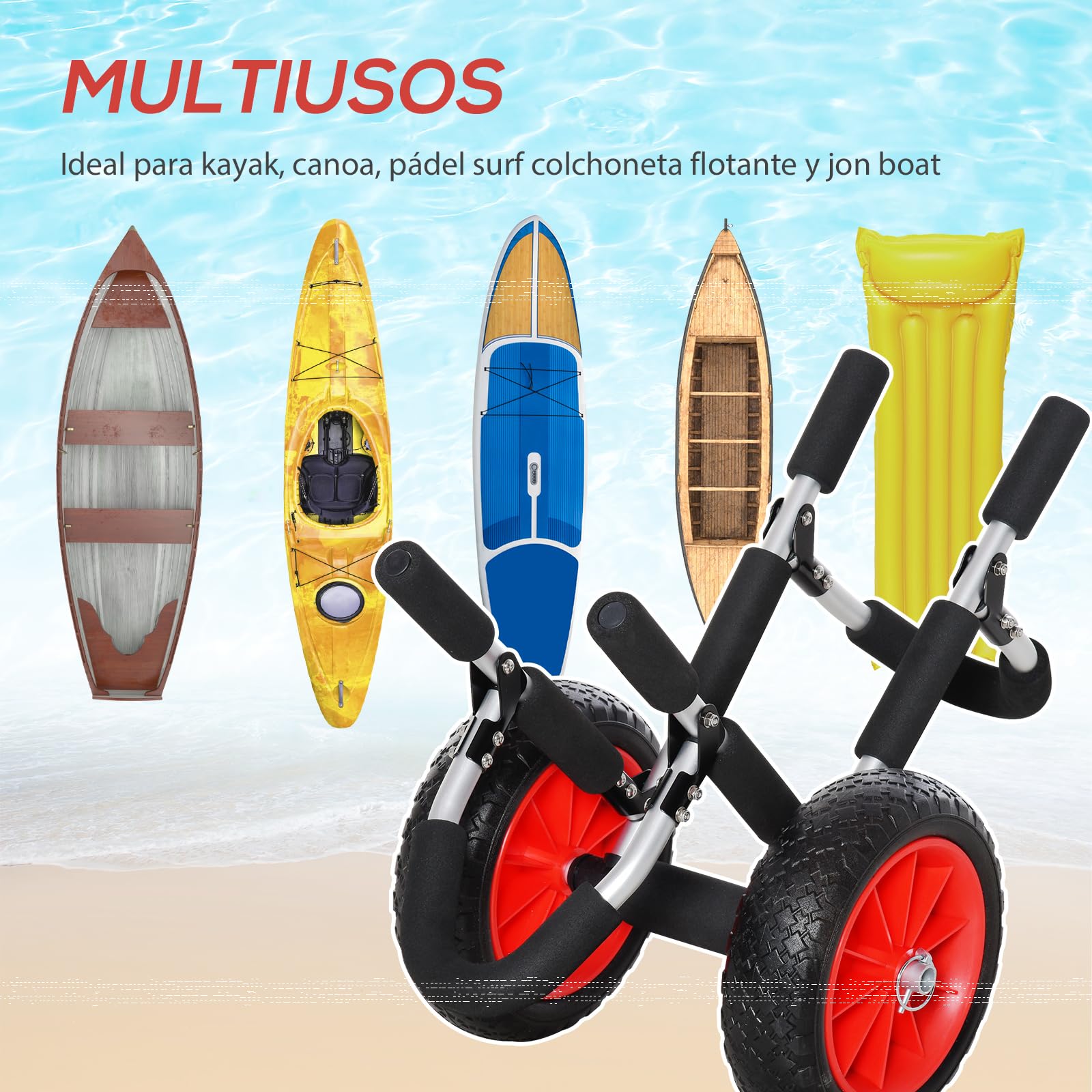 HOMCOM Carrito de Tablas de Surf Carrito de Transporte Plegable con 2 Ruedas Carga 45 kg y Marco de Aluminio para Tablas de Surf con Espesor Inferior a 12,5 cm 64x55x38,5 cm Negro y Rojo