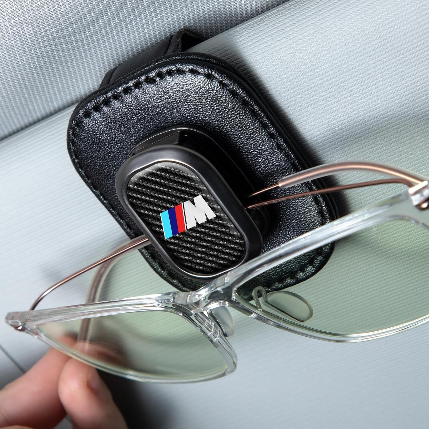 Sunglasses Holder, Leather Glasses Holders Compatible with BMW m Series Car Sun Visor, Eyeglasses Hanger and Ticket Card Clip Eyeglasses Mount for Car, for Accessories, Black