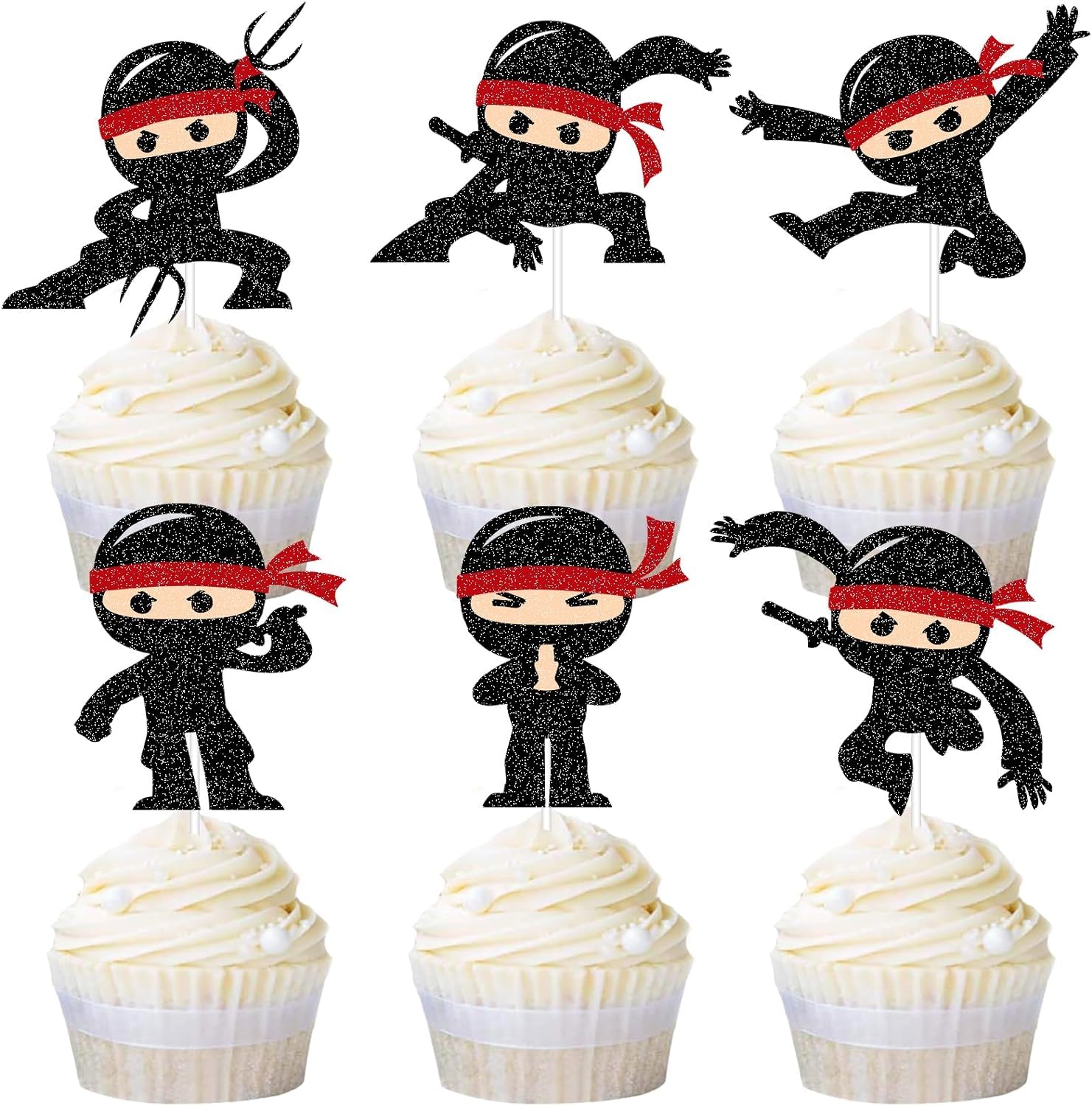Ninja Warrior Birthday Cake Topper - Shimmering Black Glitter Kung Fu Themed Party Decoration for Boys, Girls & Baby Showers (Ninja Cupcake Toppers)
