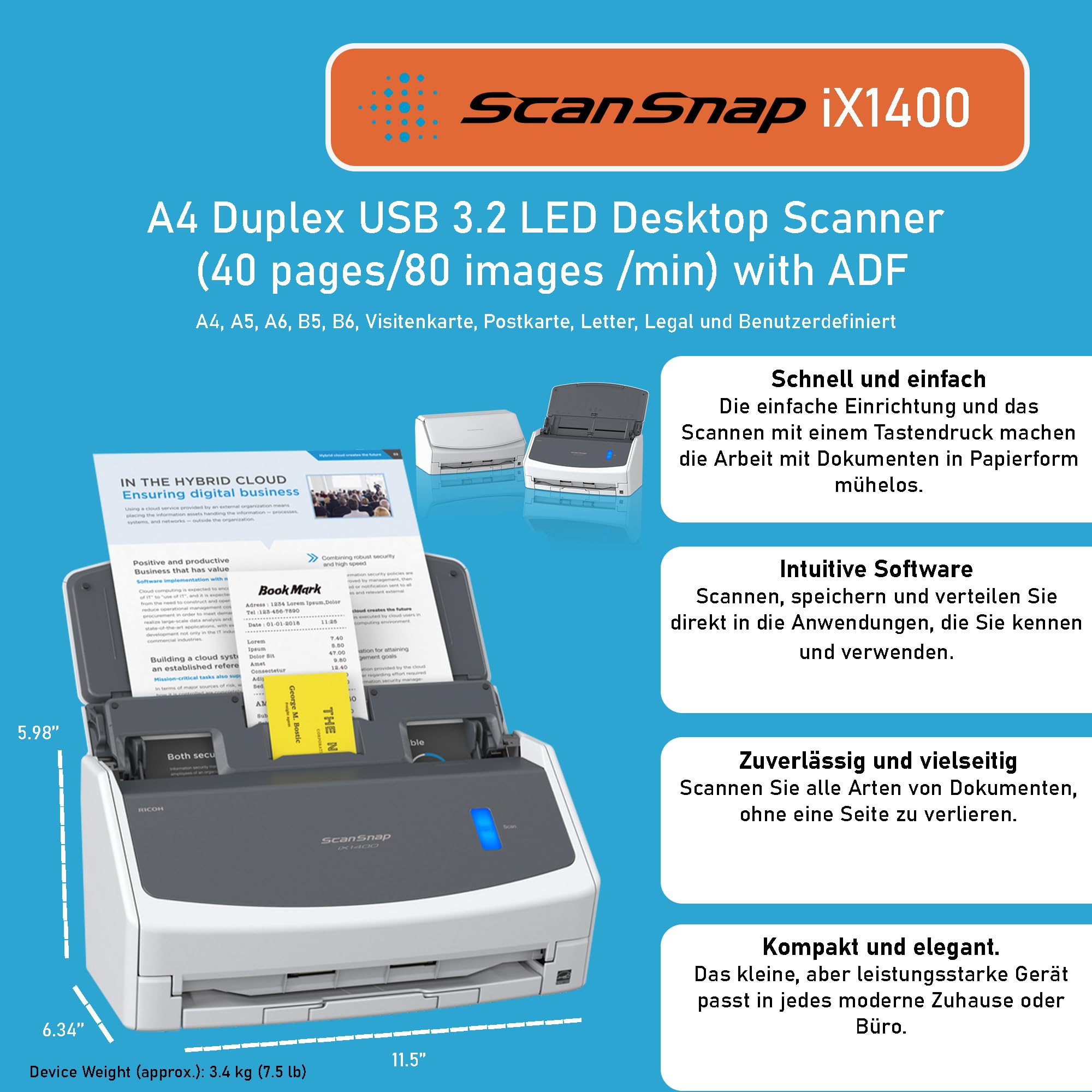 Ricoh Scansnap Ix1400 Scanner Adf 600 X 600 Dpi A4 Bianco (scansnap Ix1400)