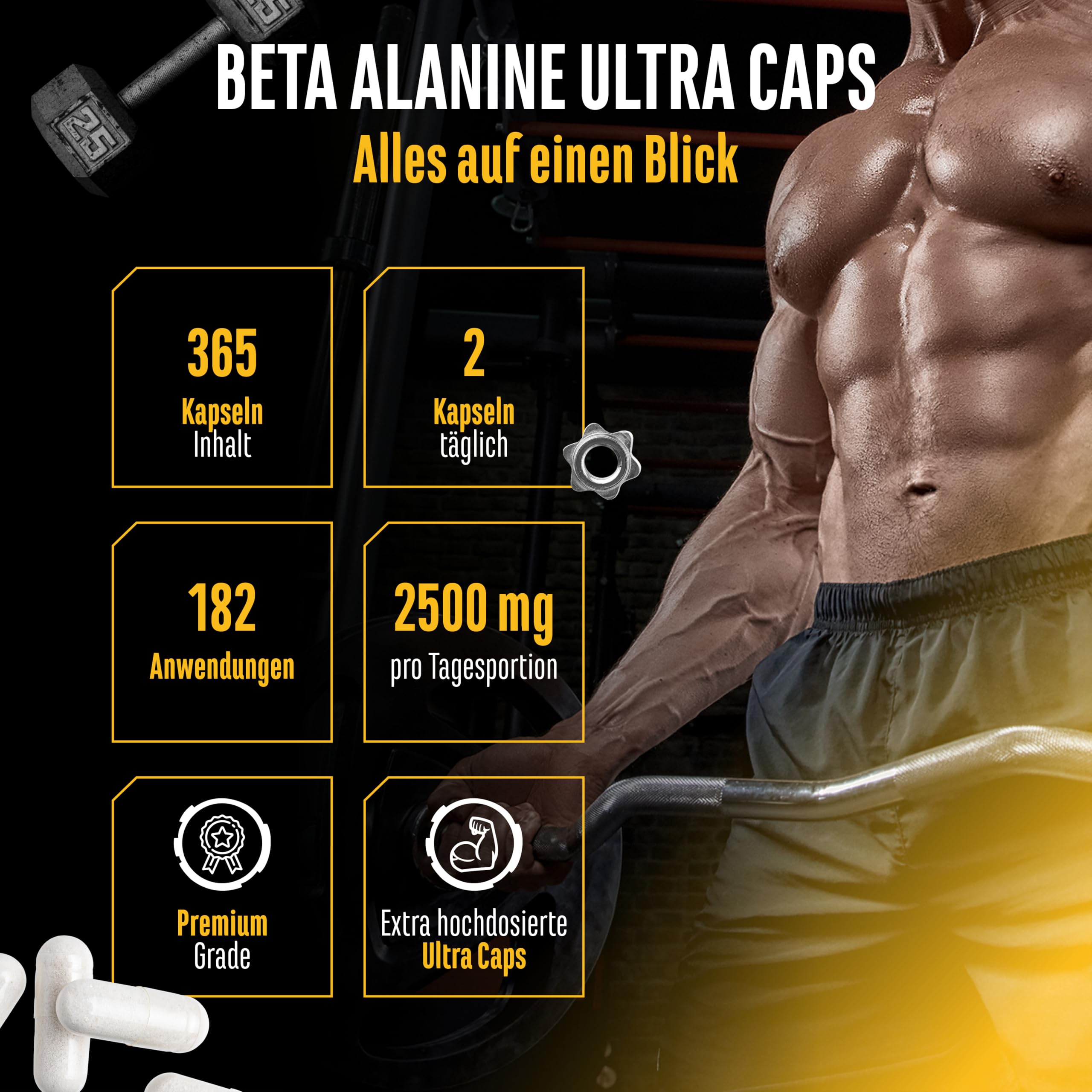 GEN GERMAN ELITE NUTRITION Beta Alanin Ultra Caps - 365 Kapseln - 1250 mg | 99% Reinheit, hochdosiert, ohne unerwünschte Zusätze