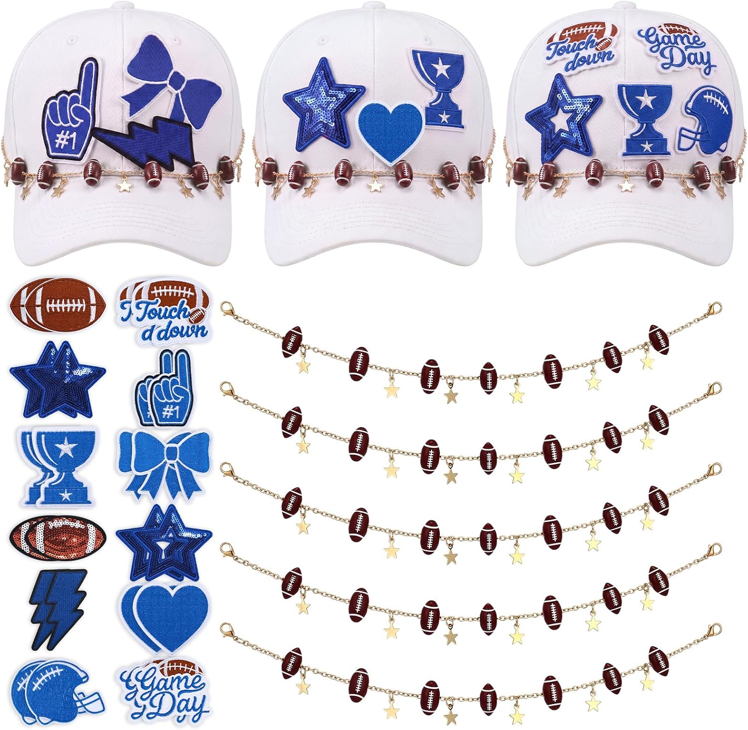 29 Pcs Football Game Day Cheer Iron on Patches, Hat Chain,Blue