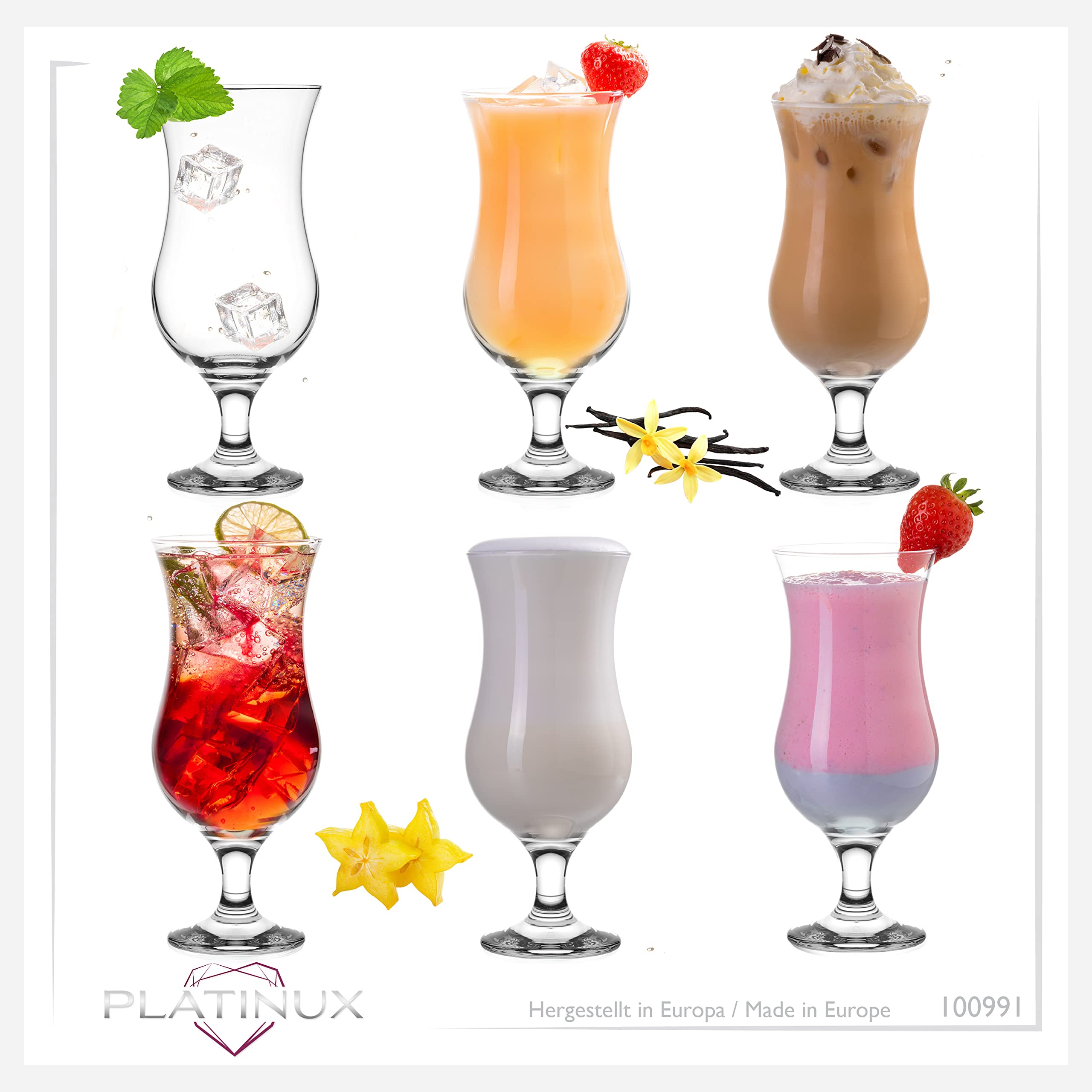 PLATINUX Lot de 12 verres à cocktail 400 ml (max. 470 ml) en verre - Verres à long drink - Verres de fête - Verres Hurricane - Grands verres transparents