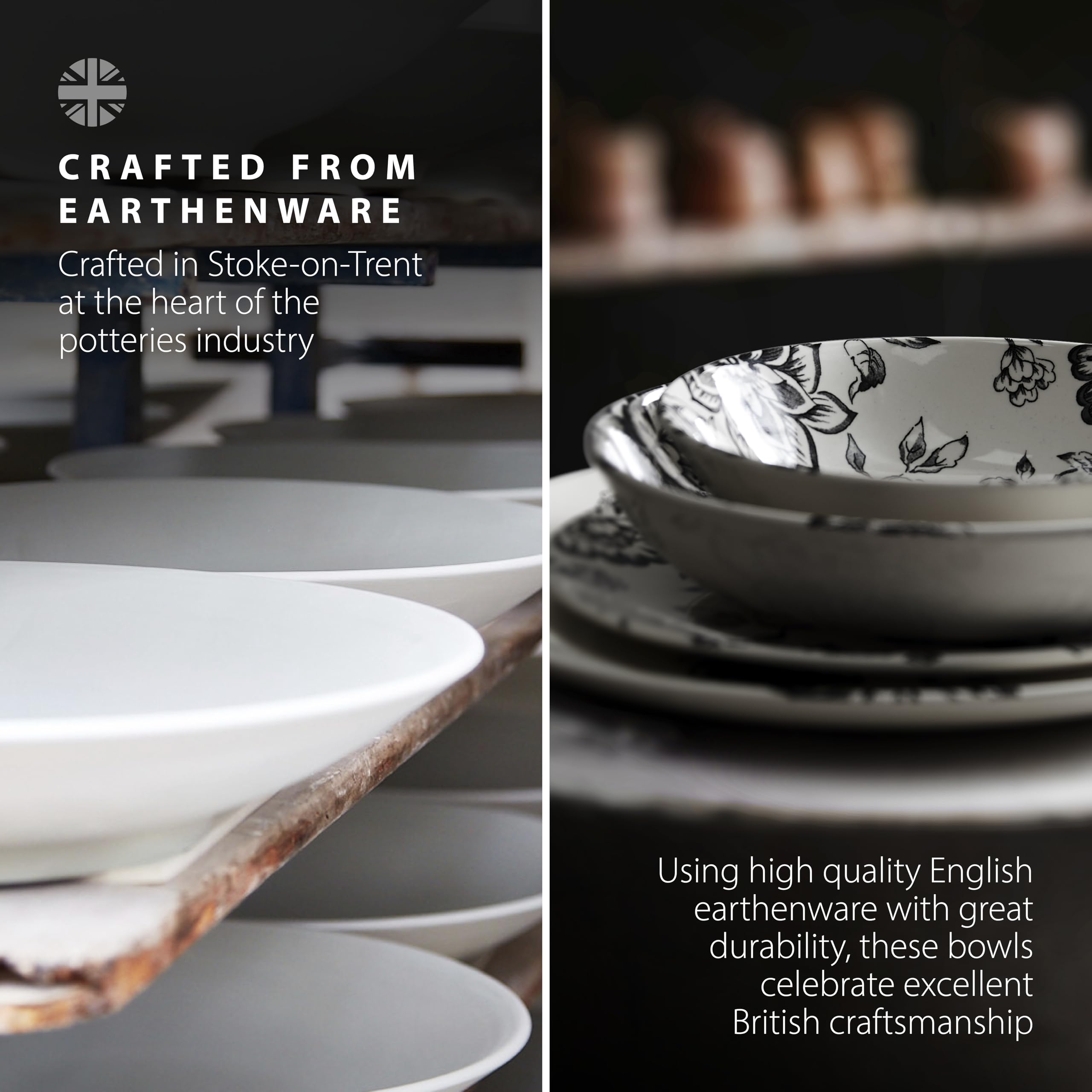 Wade Botanical Night Set of 4 Cereal Bowls with Black Floral Design, Crafted from Earthenware, Made in Stoke-on-Trent, 19cm - Image 4