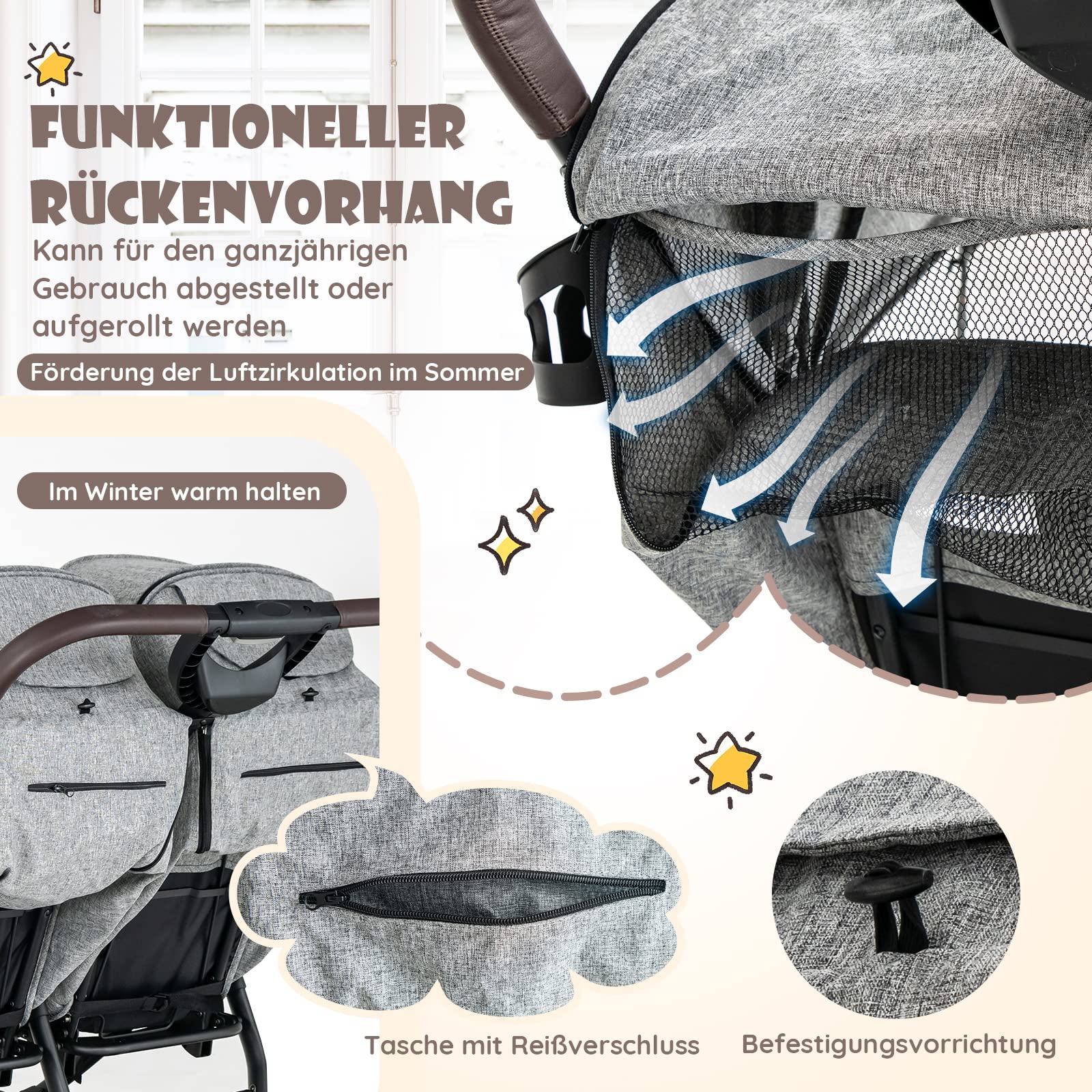 COSTWAY Geschwisterwagen klappbar, Zwillingswagen mit verstellbarer Rückenlehne, Fußstütze & Baldachin, Reisebuggy für Baby bis 3 Jahre (Grau)