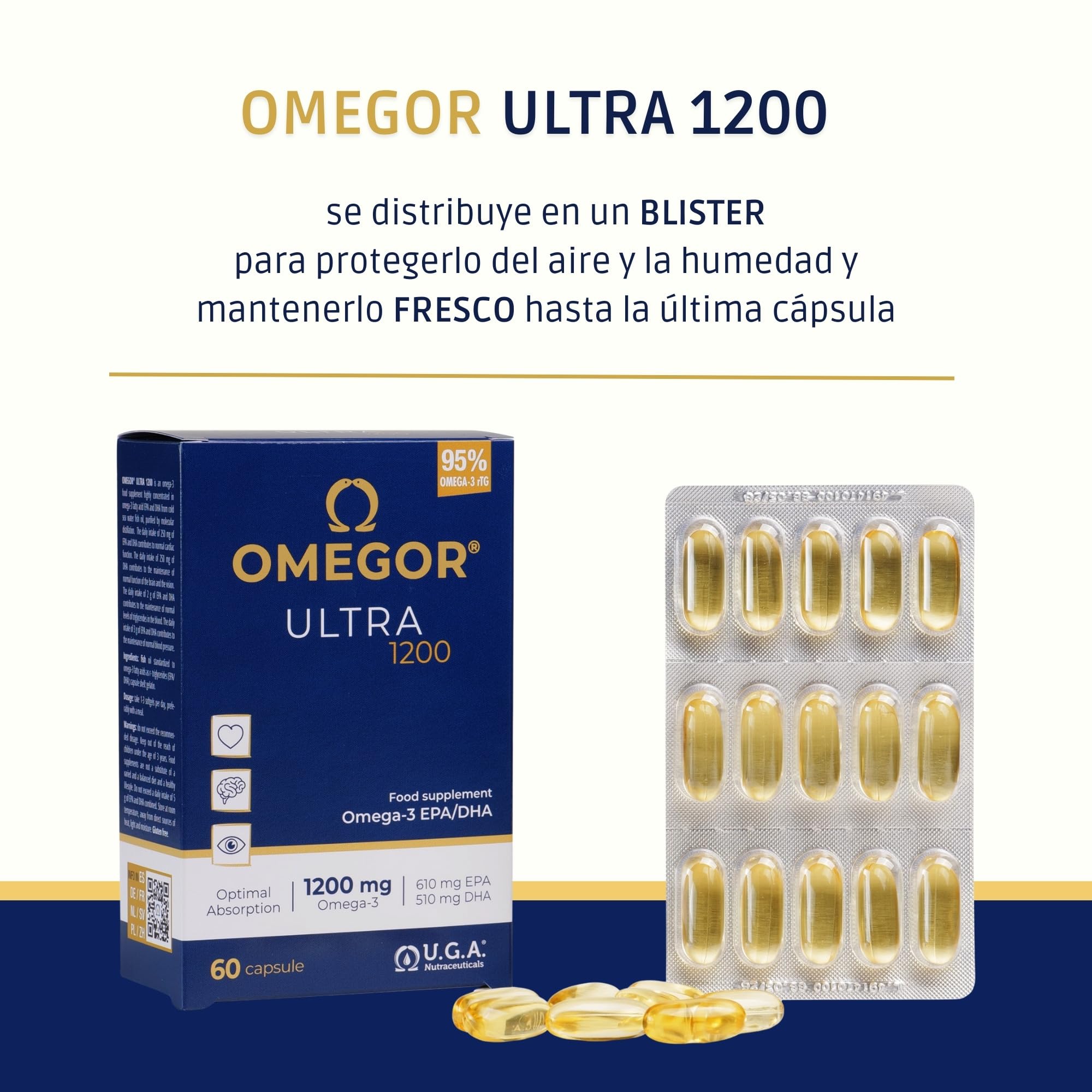 OMEGOR Ultra 1200 Omega 3 IFOS (60 Cápsulas) de Máxima Concentración - Omega3 EPA 610mg y DHA 510mg - Sin Sabor a Aceite de Pescado y Fácil de Digerir
