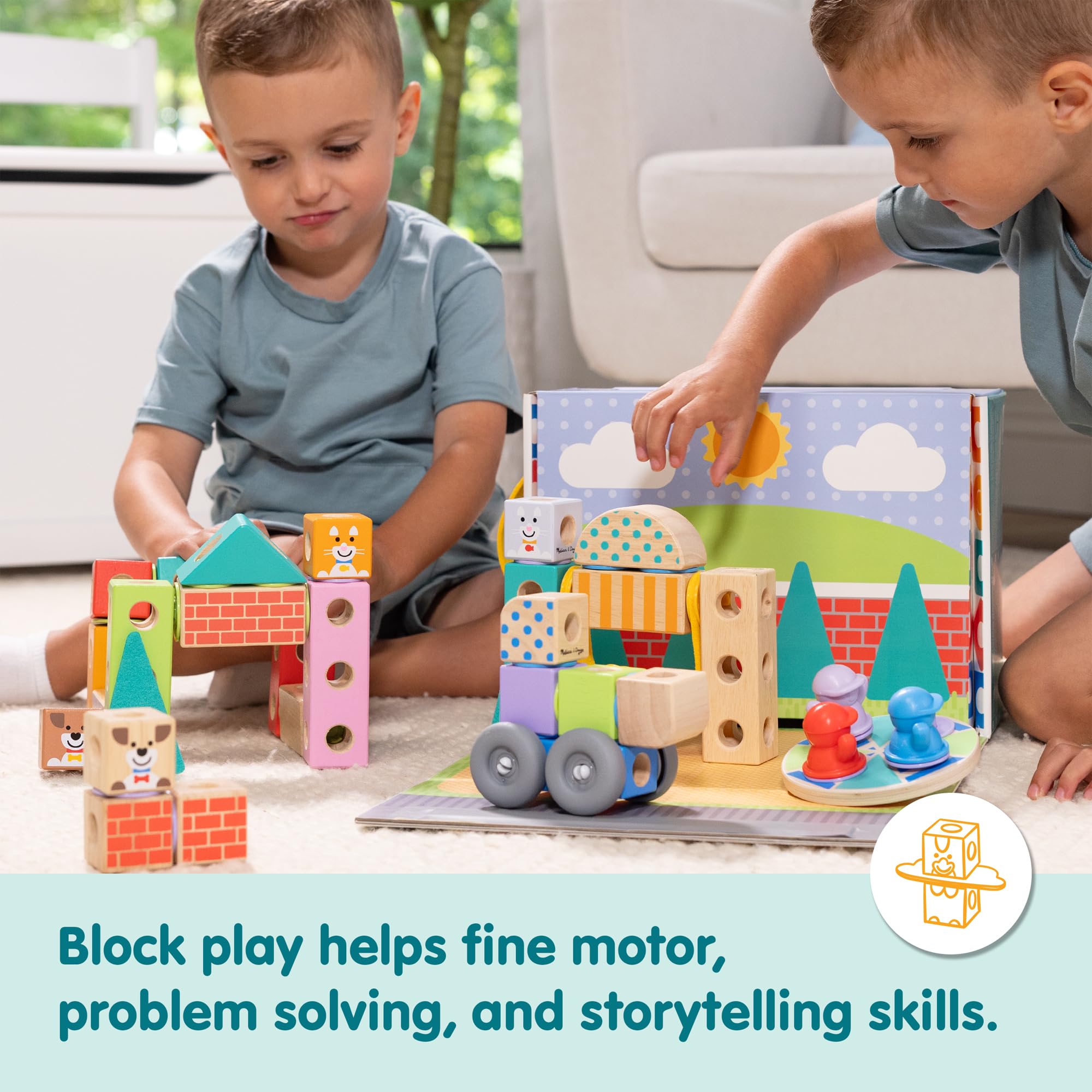 Melissa & Doug Blokowane do gniazda, miasto, drewniane klocki do montażu i mieszania, dla małych dzieci (73 sztuki)
