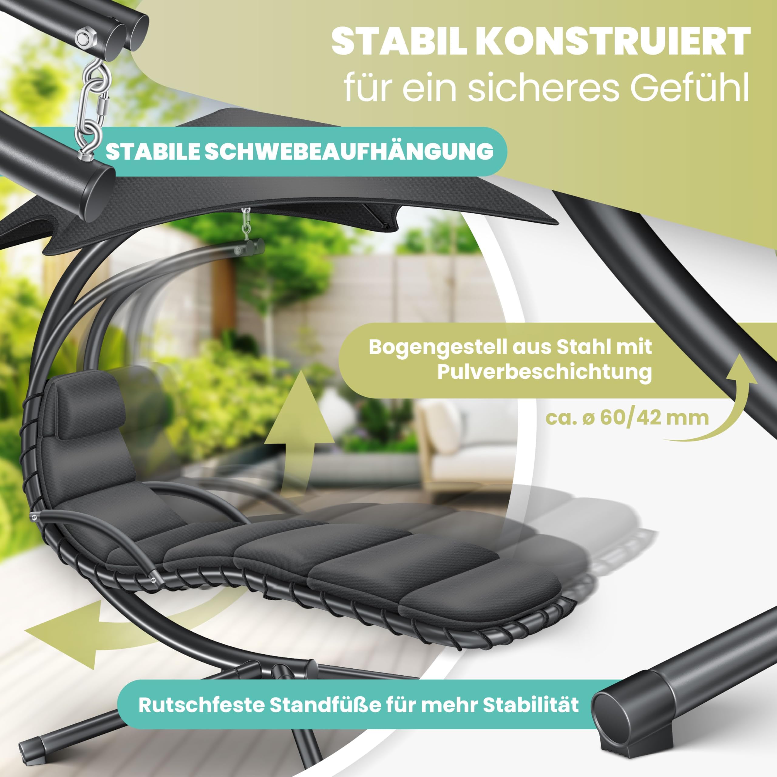 KESSER® Schwebeliege mit Sonnenschirm, Hängeliege, Sonnenliege H200, L194, B100 cm, Relaxliege, Schaukelliege Hängematte, bis 120 kg belastbar, Auflagen - Nackenkissen, Inkl. Tasche