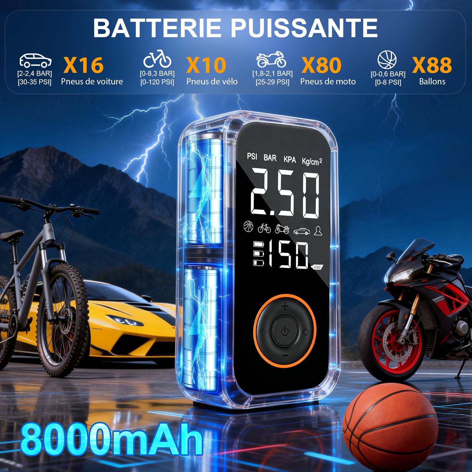 Gonfleur Pneus Voiture Sans Fil, 8000mAh Mini Compresseur à Air Portatif, 150PSI Pompe a Velo Electrique avec écran LCD numérique et lampe de poche LED,Gonfleur Pneu pour Vélo,Voiture,Moto,Ballons