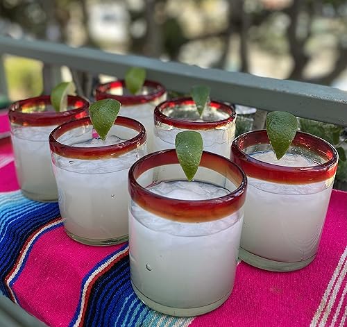 Miniatura 5 de Dos Sueños Vasos mexicanos soplados a mano, juego de 6 vasos con bordes rojos (10 onzas cada uno)