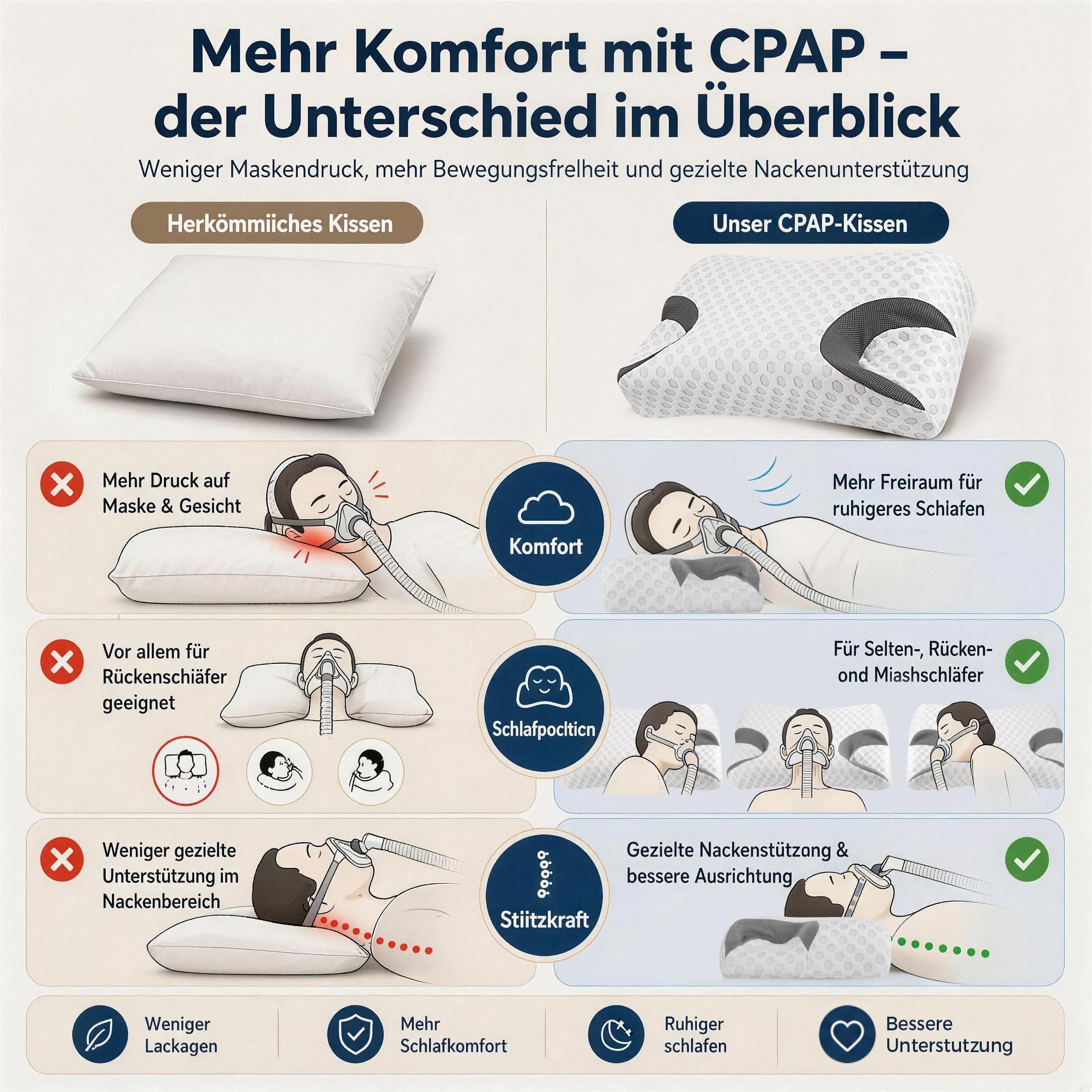 Cuscino CPAP per chi dorme sul fianco riduce le prese d'aria e la pressione della maschera. Cuscino in memory foam adatto per apnea notturna e utenti di maschere CPAP – Cuscino cervicale per