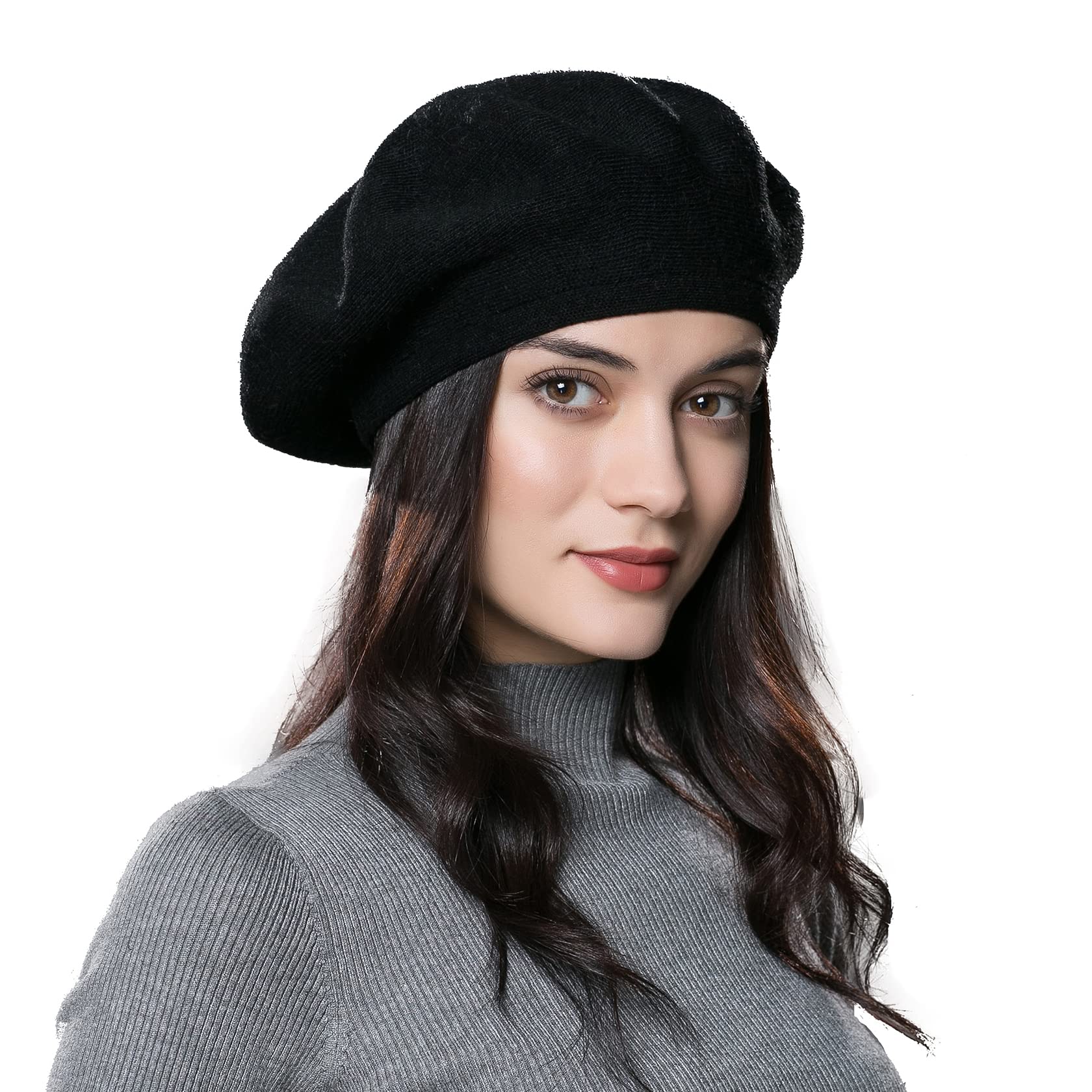 URSFUR Women French Beret Hat Knit Wool Cashmere Classic Winter Cap (One Size, Black)