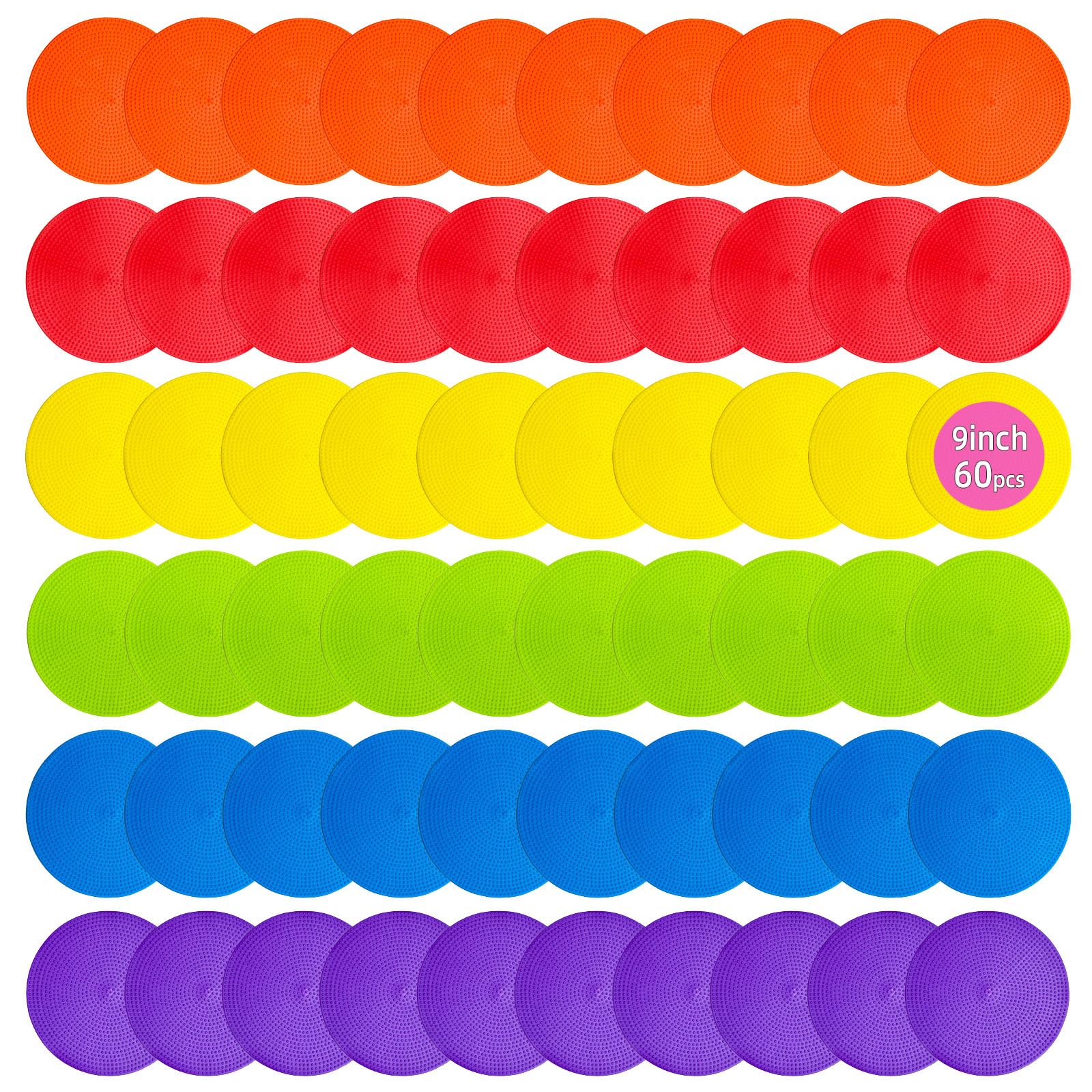 Vasolpryb Spot Markers 9 Inch 60 Pcs Non Slip Rubber Floor Markers Flat Field Cones Poly Dots for Classroom Dance Sports Soccer Basketball Speed Agility Training(6 Colors)