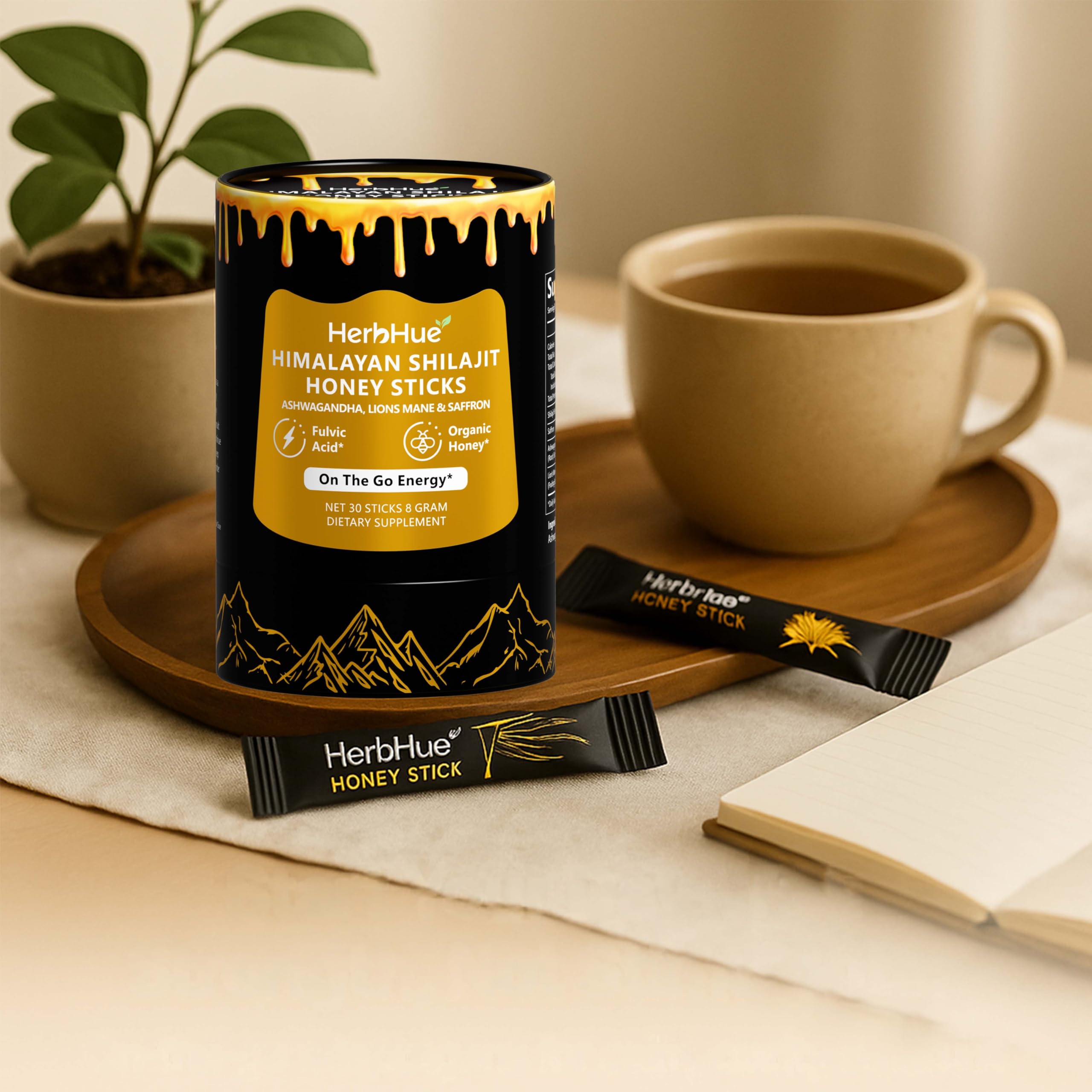 HerbHue - Palitos de shilajit del Himalaya - 30 sobres | 79% de ácido fúlvico | con Ashwagandha, melena de león y azafrán | Mezcla de miel de una sola porción