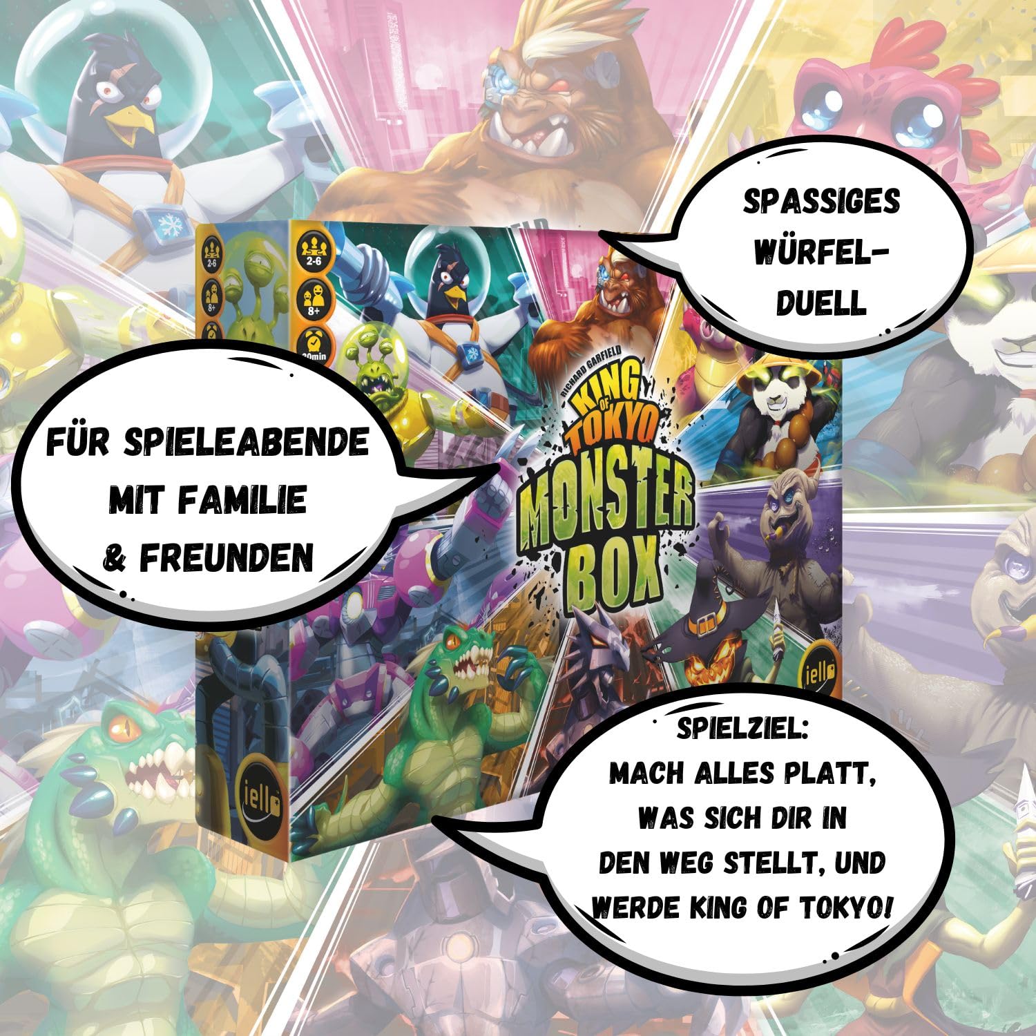 IELLO, King of Tokyo Monsterbox – Grundspiel mit Erweiterungen, taktisches Würfelspiel, rasante Kämpfe & Powerkarten, Für 2–6 Spieler ab 8 Jahren