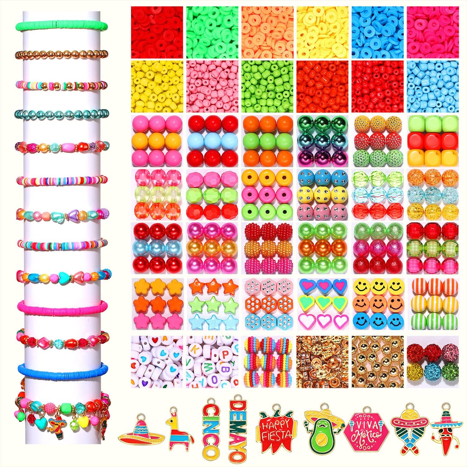 3250PCS+ Mexican Beads for Jewelry Making, Cinco De Mayo Clay Beads Colorful Pearl Acrylic Crystal Pony Beads Enamel Fiesta Chili Sombrero Charms for Bracelet Necklace Making DIY Crafts Accessory