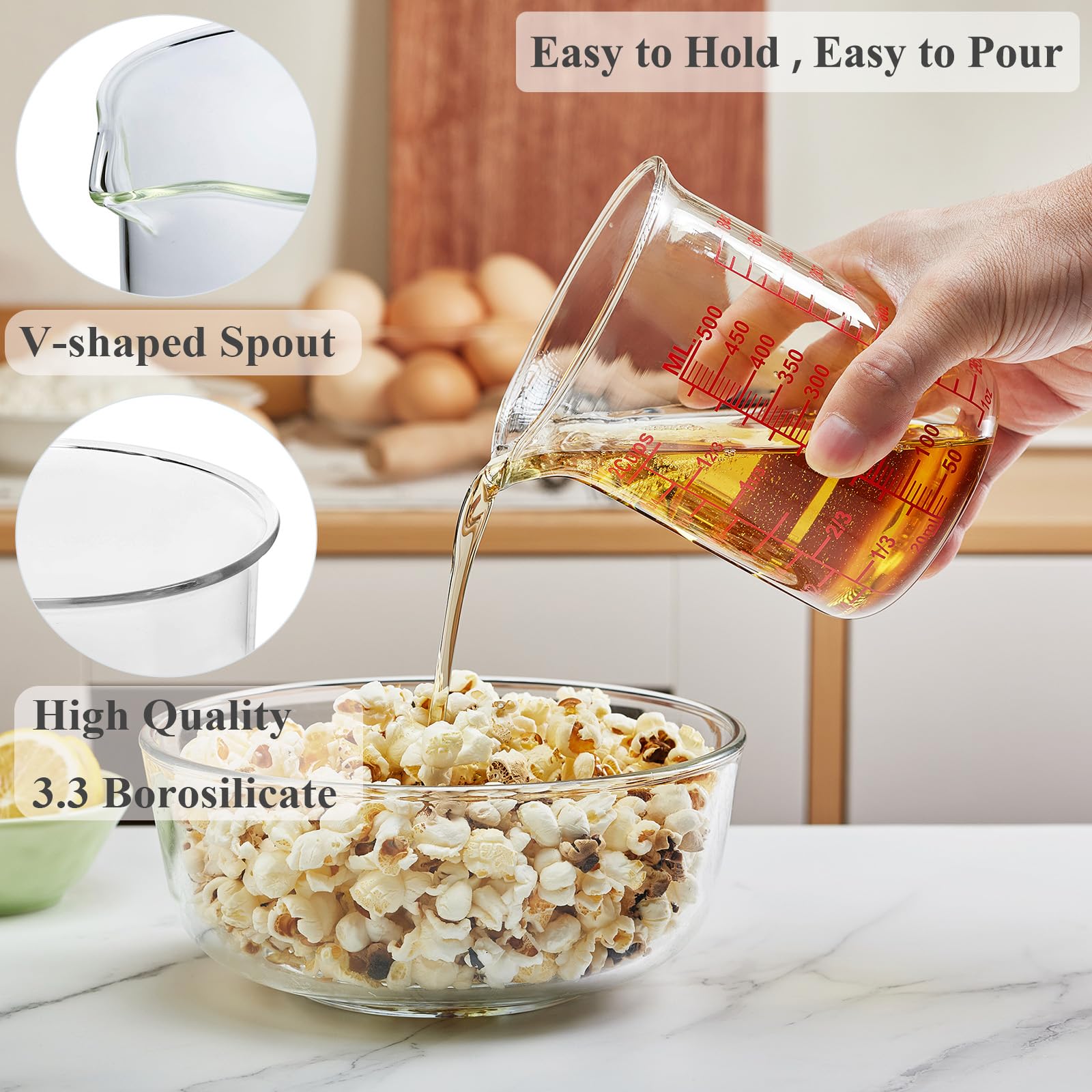 Vaso medidor de vidrio de borosilicato alto, boquilla en forma de V, vaso medidor de vidrio para cocina o restaurante, fácil de leer, 500 ml (16 onzas, 2 tazas)