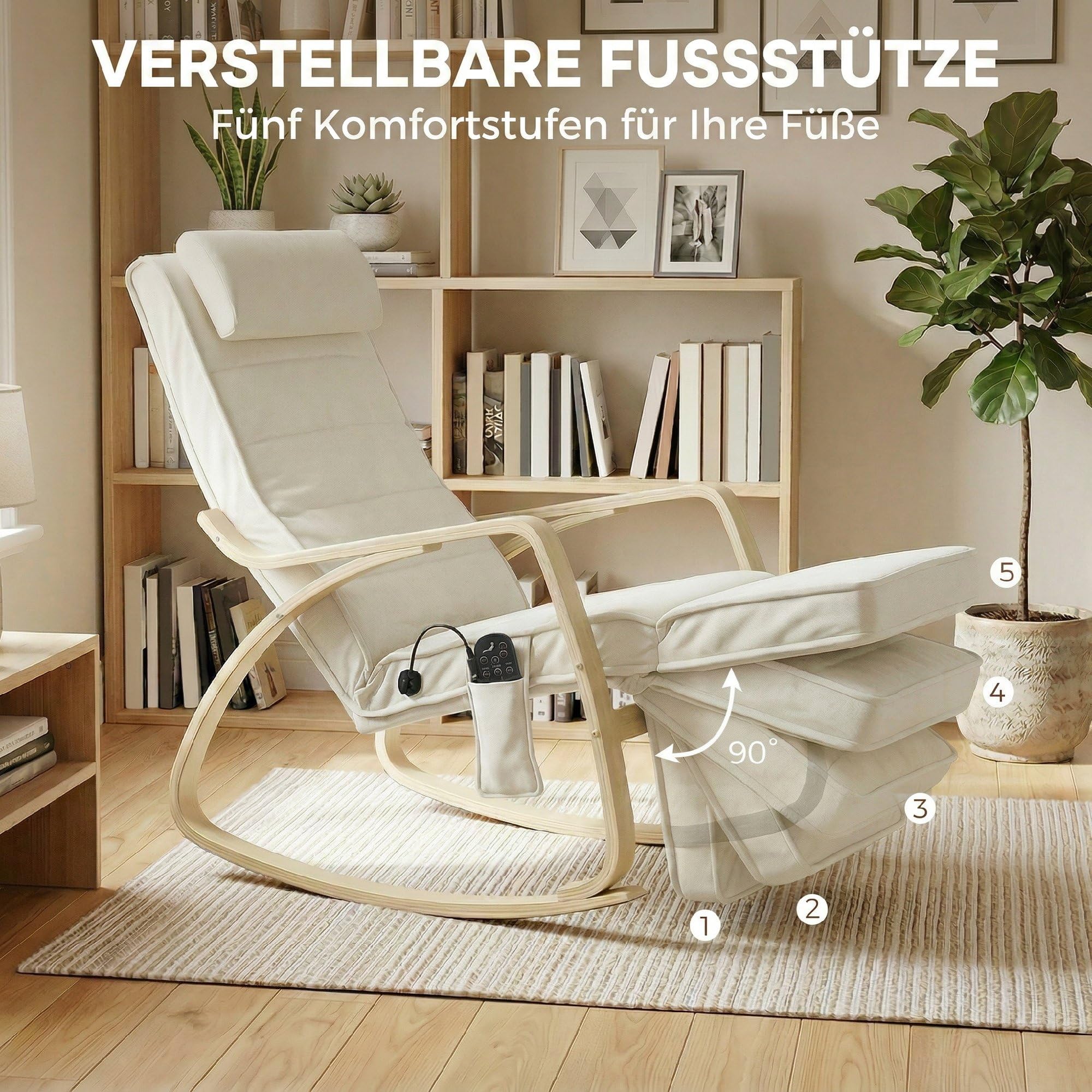 HOMCOM Schaukelstuhl Schaukelsessel mit Massagefunktion Heizung Kopfstütze 5-Fach verstellbare Fußstütze, Relaxstuhl mit Samtoptik Seitentasche, Schwingsessel für Wohnzimmer, Schlafzimmer, Cremeweiß