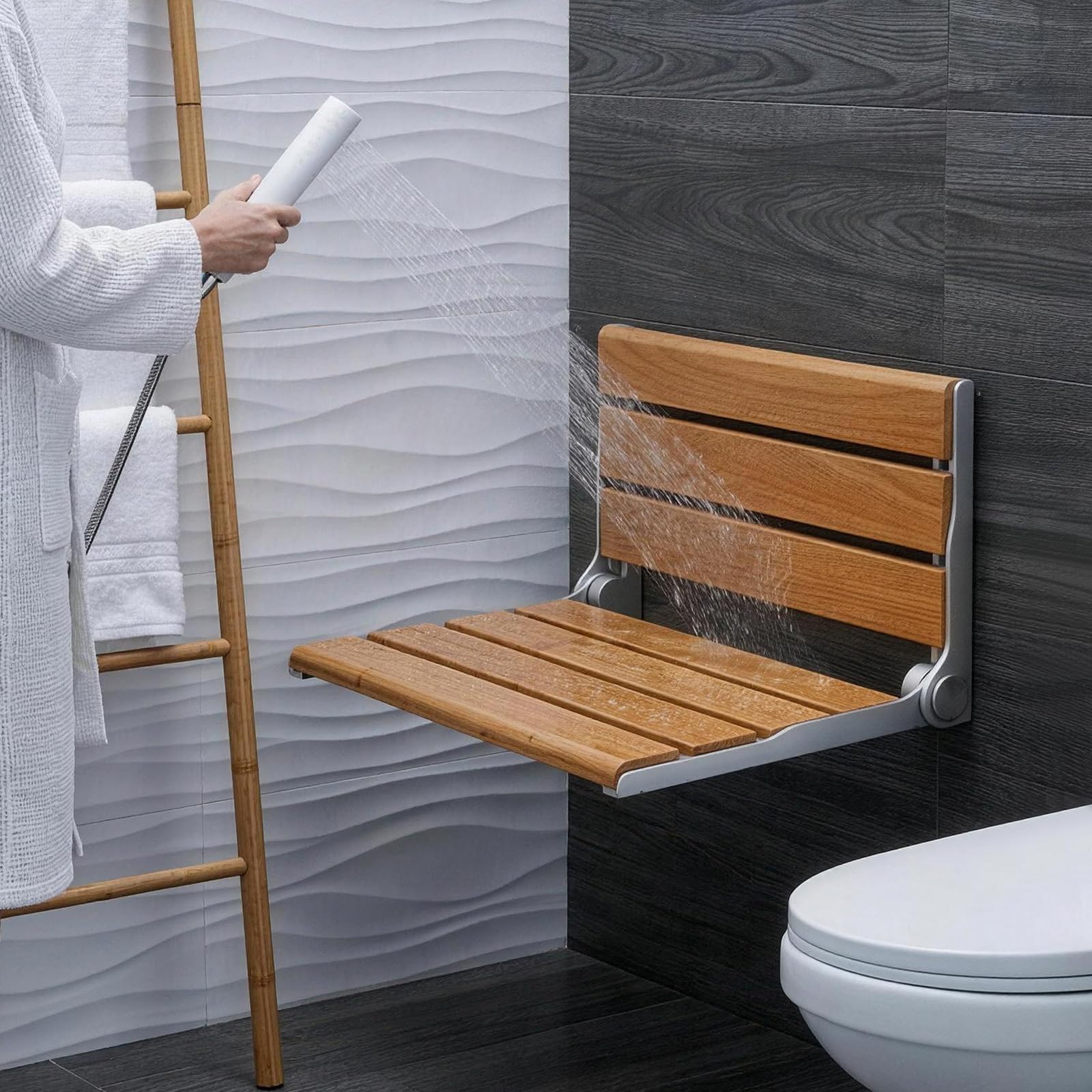 Asiento de ducha plegable montado en la pared, silla de ducha plegable de 16 pulgadas, silla de madera maciza, marco de acero inoxidable, 400 libras, asiento de ducha plegable que ahorra espacio